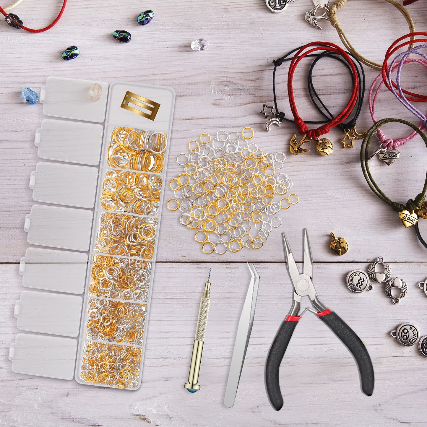 1014 Pieces Nail Dangle Charm Piercing Tool Hand Drill, Nail Charms 6 Sizes Jump Ring Connector with Jump Ring Open Close Tool Pliers and Tweezers for Jewelry Making(Gold, Silver)