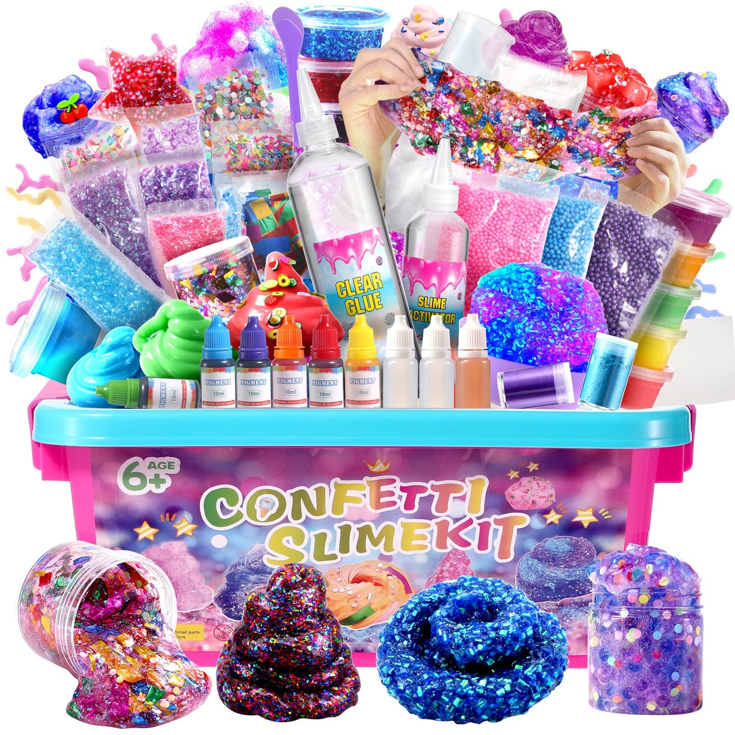pokujyrt Confetti Slime Kit, Sparkling Slime Making Kit, DIY Craft Set with Clear Glue, Colors, and Decorations, Ages 6+