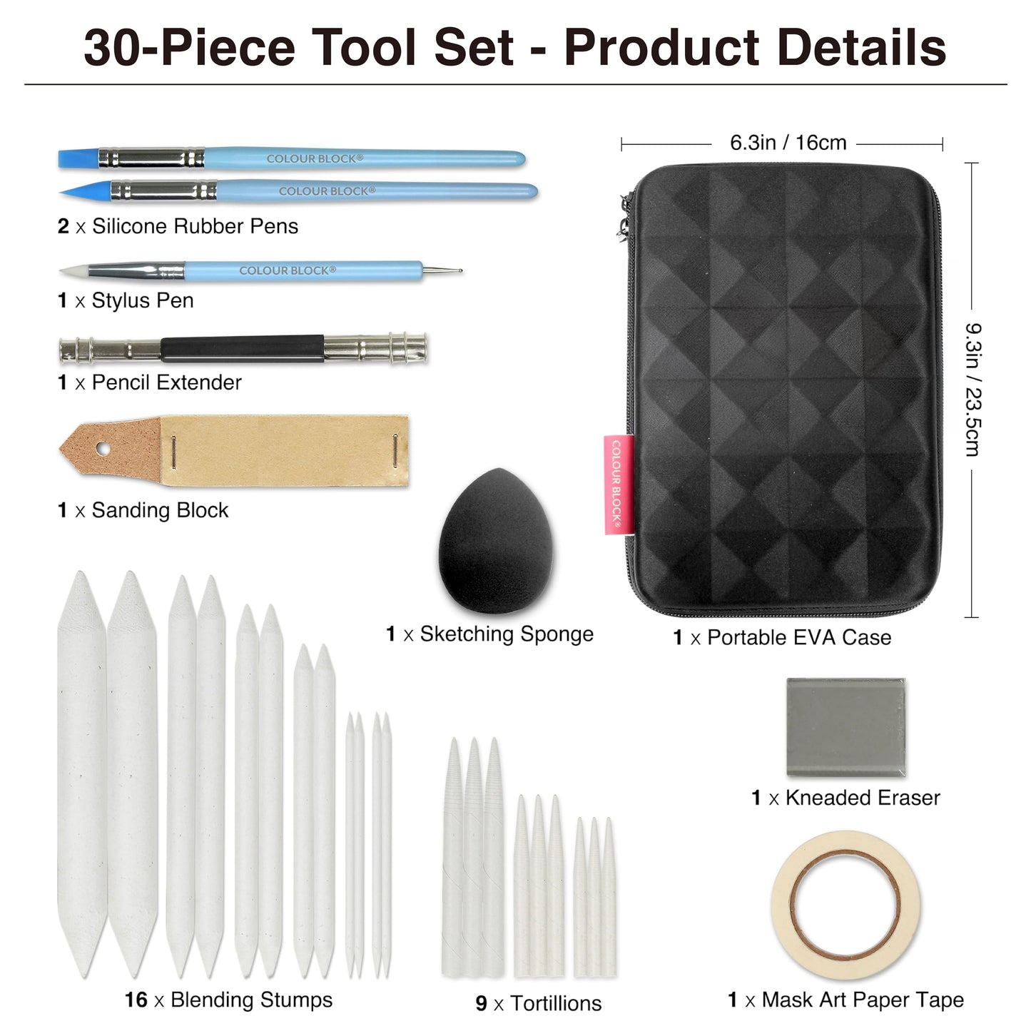 COLOUR BLOCK 30pcs Sketching Tool Set with Soft Pastels Drawing Art Blenders, Blending Stumps, Tortillions, Sandpaper, Sketch Pencil Extender, Rubber Pens