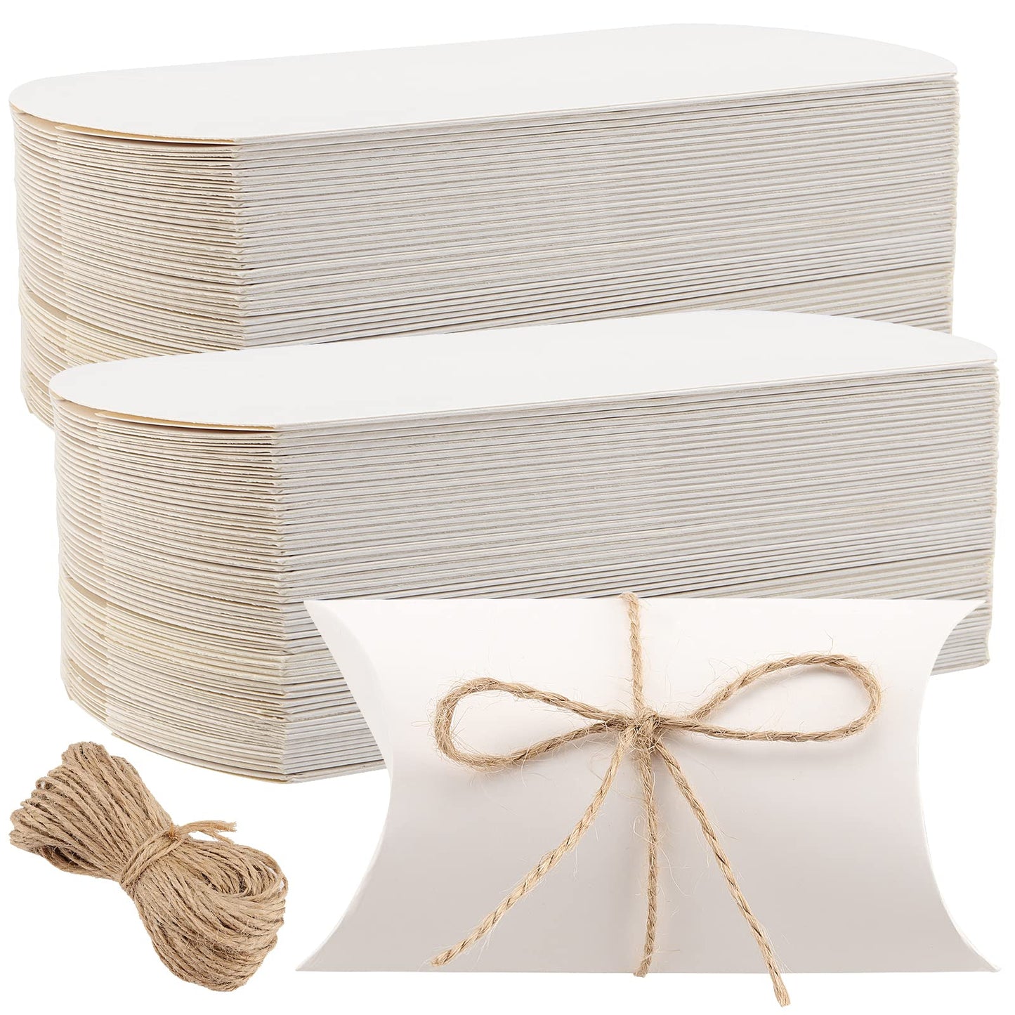 SEUNMUK 150 Pack 5 x 3.5 Inches Large Pillow Boxes, Kraft Pillow Boxes with Jute Twines, white Pillow Candy Box Party Wedding Favor for Anniversary, Birthday, Halloween