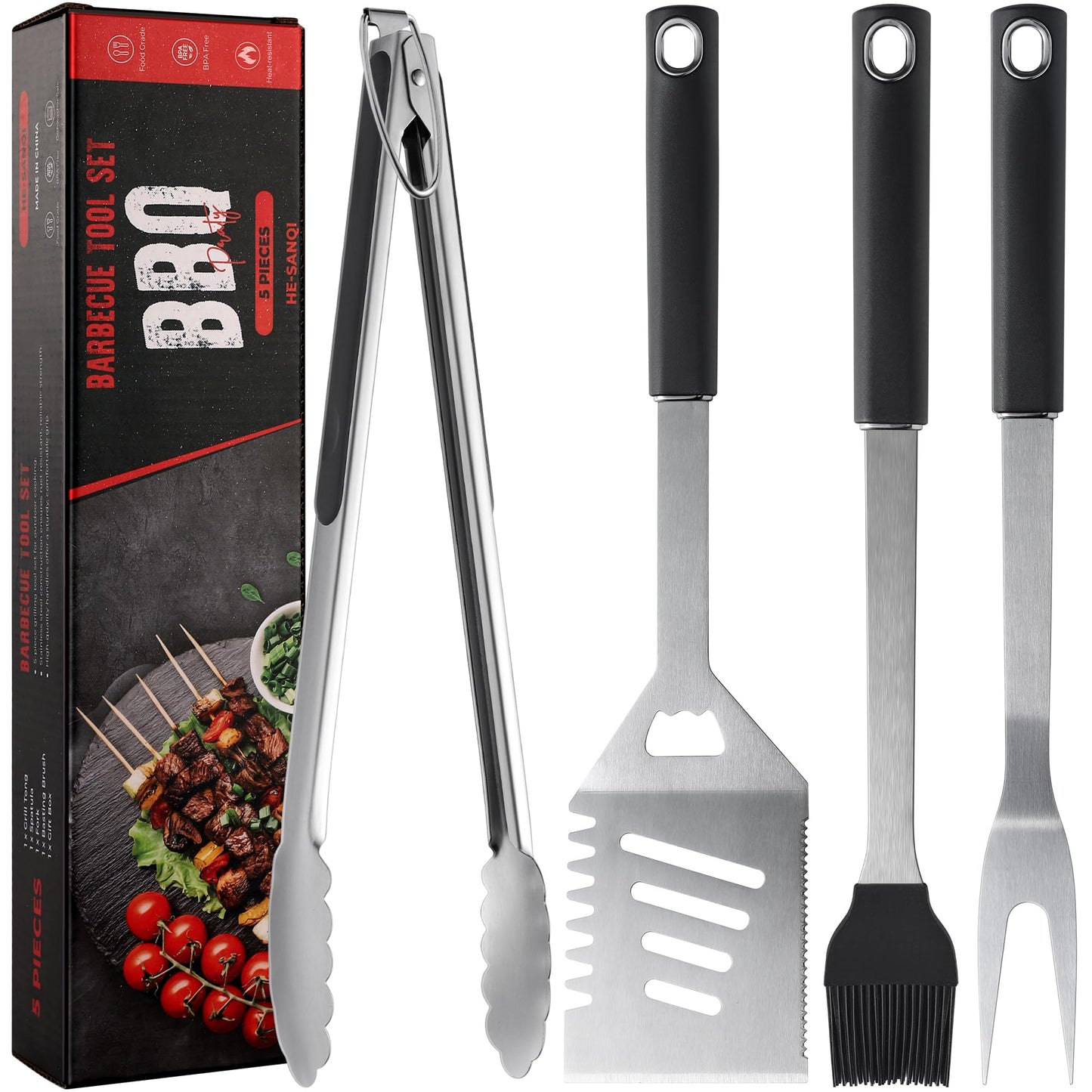 Griddle Accessories Kit - Grilling Accessories, Stainless Steel Heavy Duty Grill Tools Set with Spatula, Fork, Tongs, Brush and Gift-Box for Outdoor Barbecue, Home Grill (4PCS)