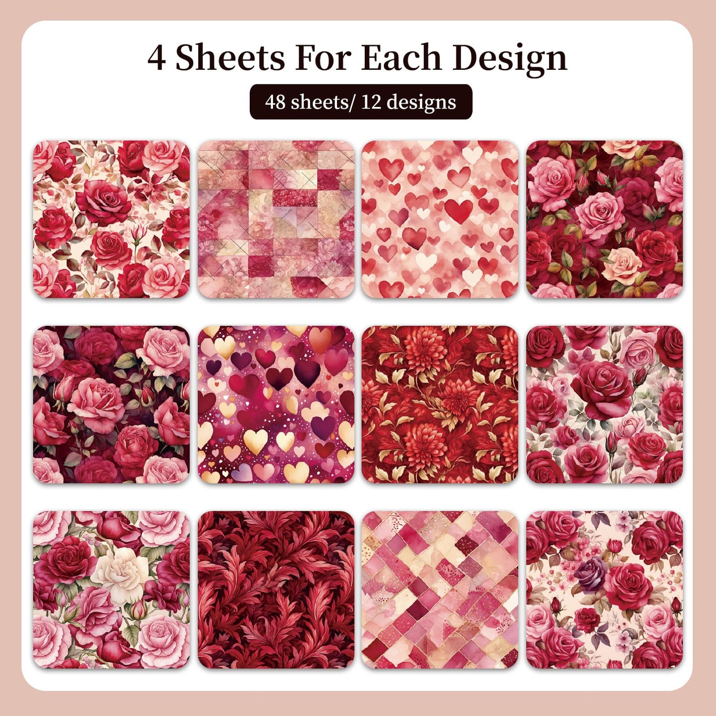 Heart & Rose Scrapbook Paper 6x6, 48 Sheets /12 Designs Romantic Heart Pattern Scrapbook Paper, Single-Sided Craft Paper for Valentines Craft Supplies Card Making Scrapbook