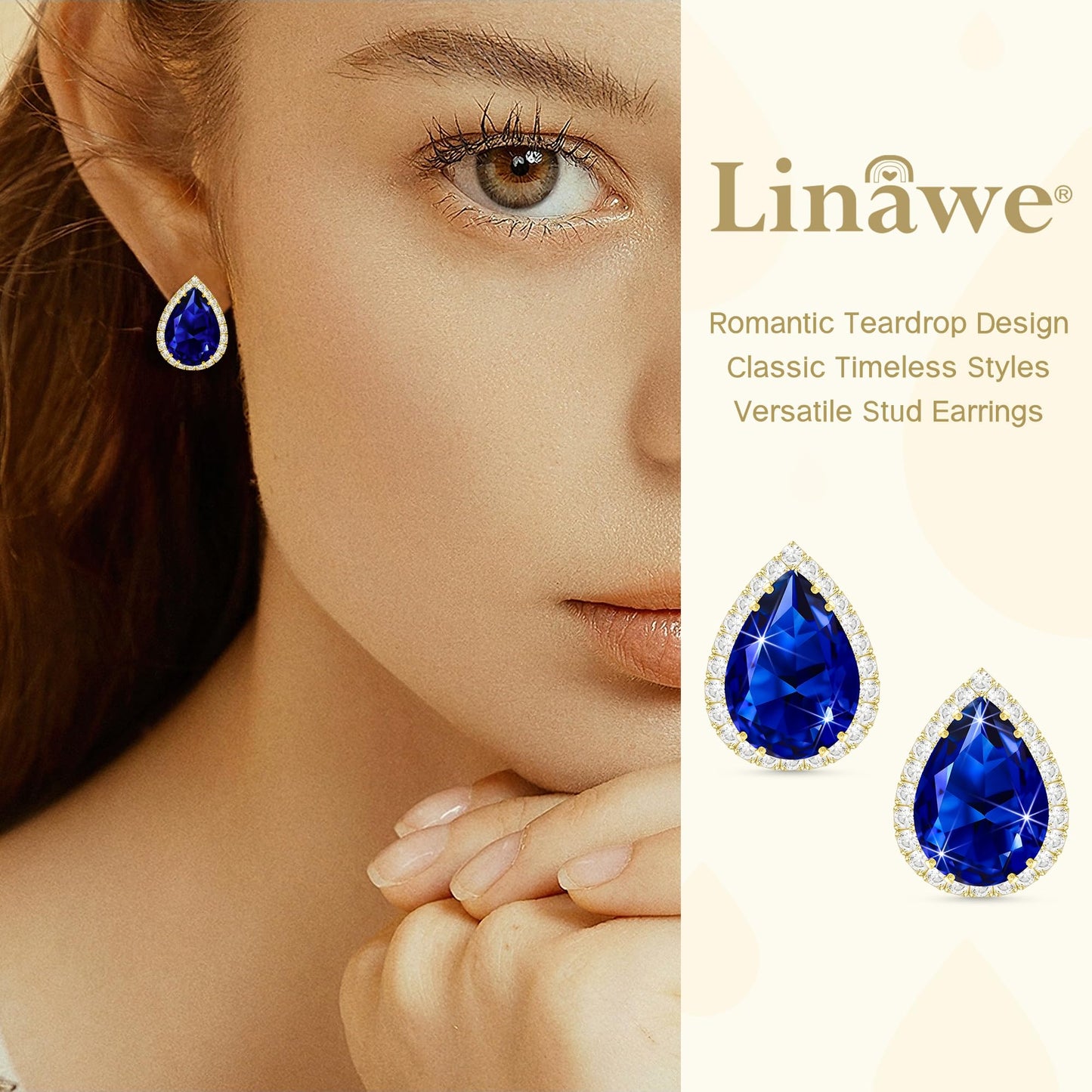 Linawe Imitation Diamond Earrings for Women, Gold Aquamarine Cubic Zirconia Sapphire Royal Blue Stud Earrings, Navy Blue Teardrop Statement Rhinestone Earrings Studs
