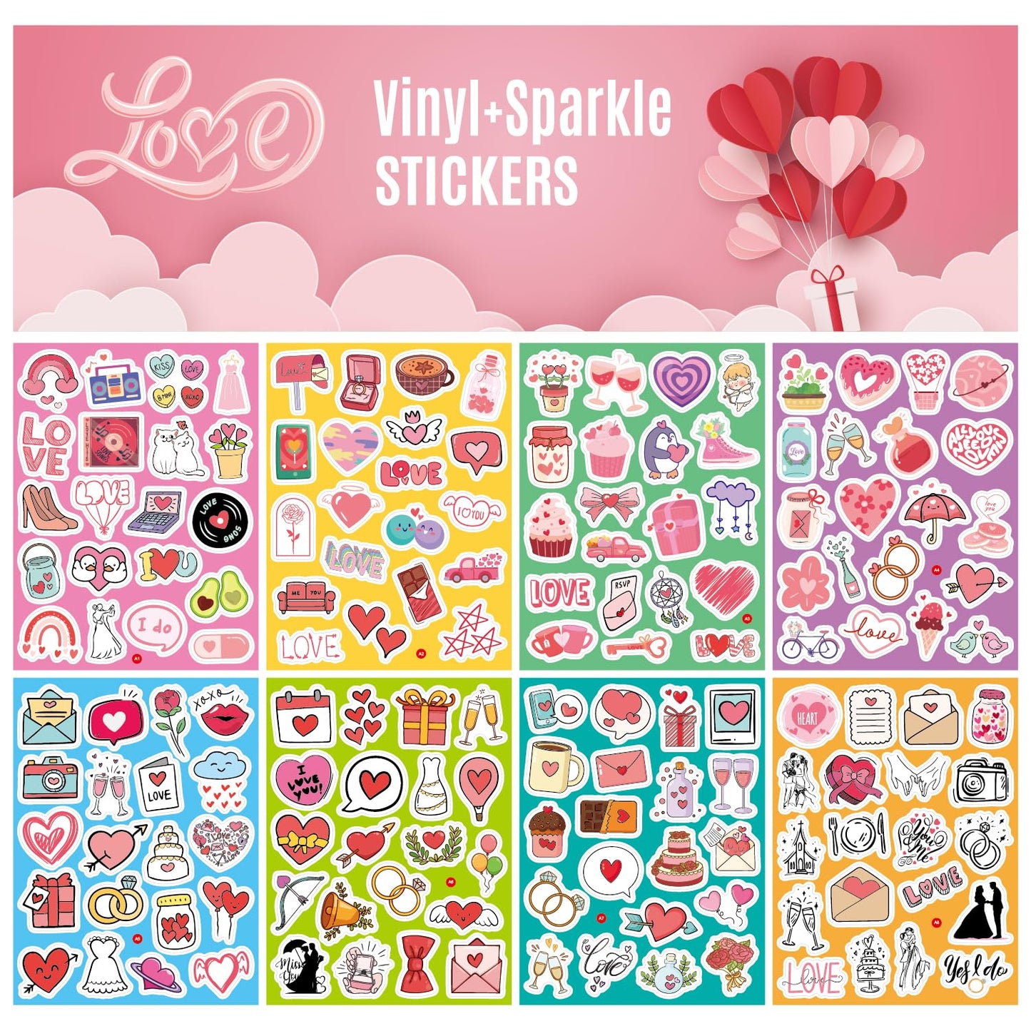 PartyGarden Wedding Love Stickers - 8 Sheets 160 Pcs for Kids Valentine's Day Anniversaries Bridal Shower Classroom Gift Exchange Scrapbook Bottle