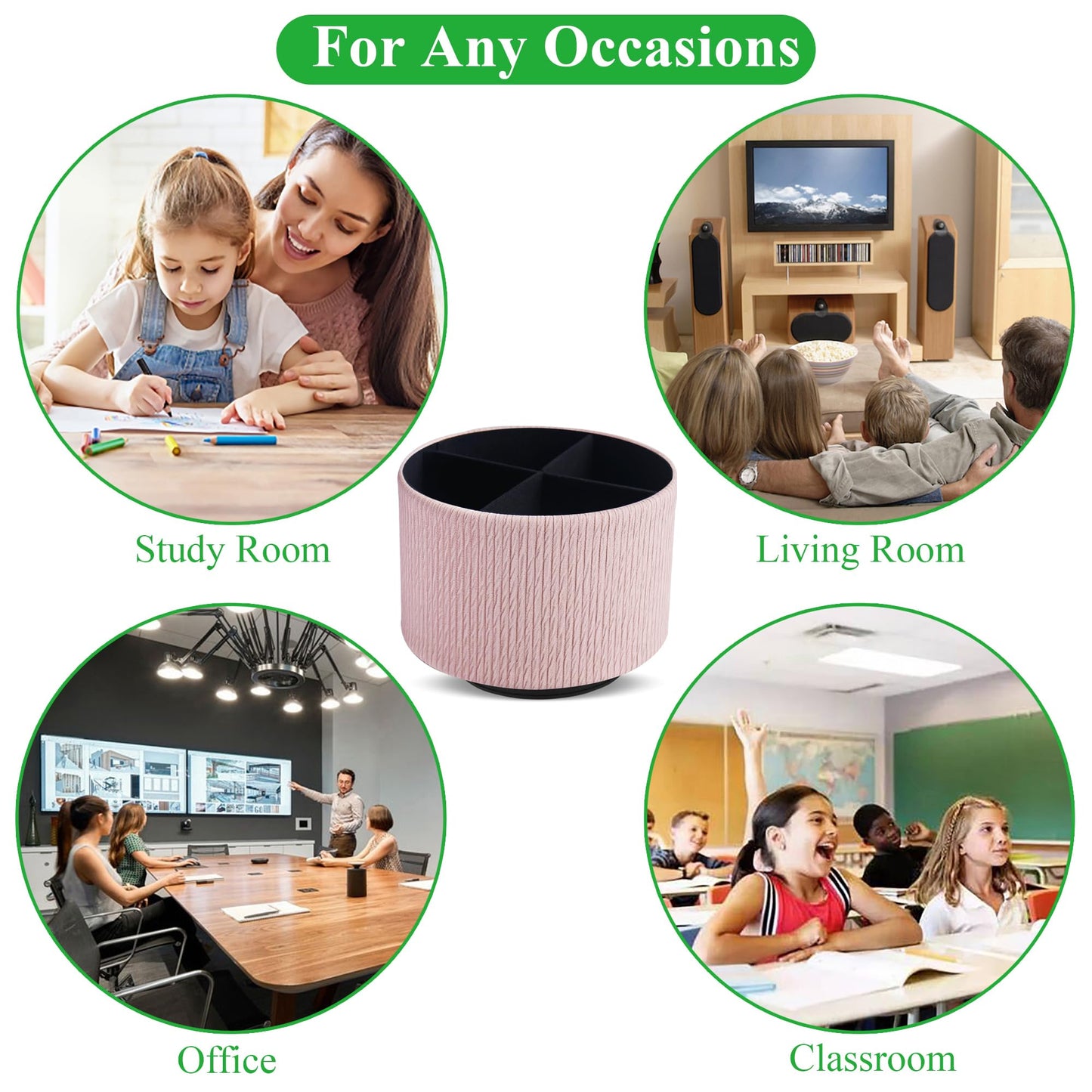 Lvkjafaz Round Leather Art Supply Organizer,Remote Control Holder,360 Degree Spinning,Multi-Functional Pencil Holder,4 Compartments Desktop Stationary Organizer(1-Wood Pink2)