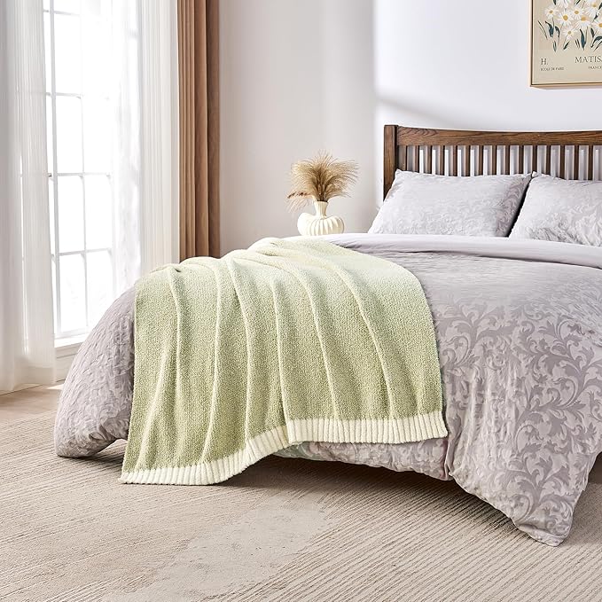 CozeCube Melange Blanket, Ultra Soft Sage Green and White Throw Blanket, Warm Cozy Knit Fuzzy Plush Reversible Throw for Couch Bed Sofa, 50"x60"