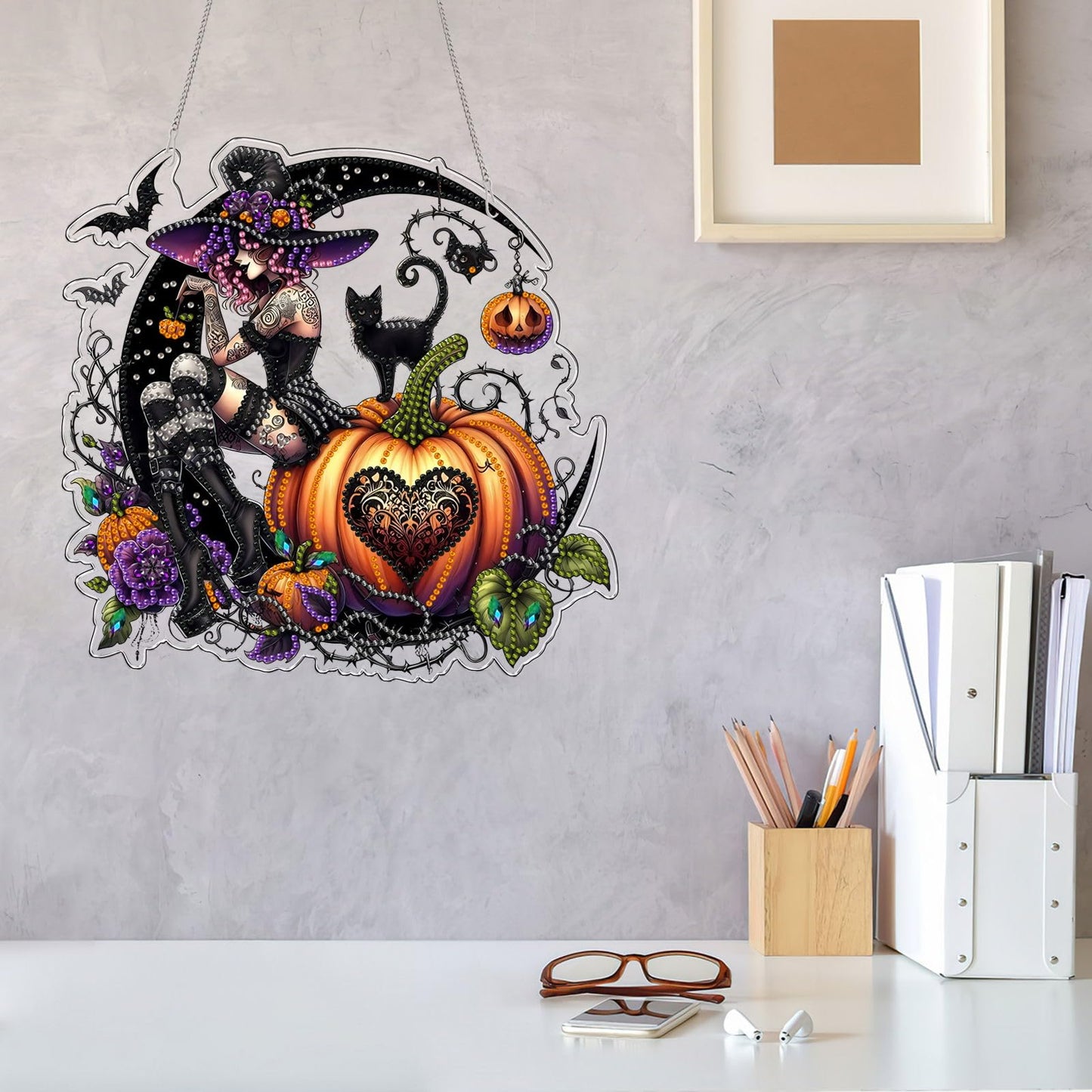VODAPYC Halloween Witch Diamond Art Hanging Kit for Adults, DIY Double Sided Special Shaped Diamonds Art Window Pendant Ornament for Home Decor(Halloween Witch)