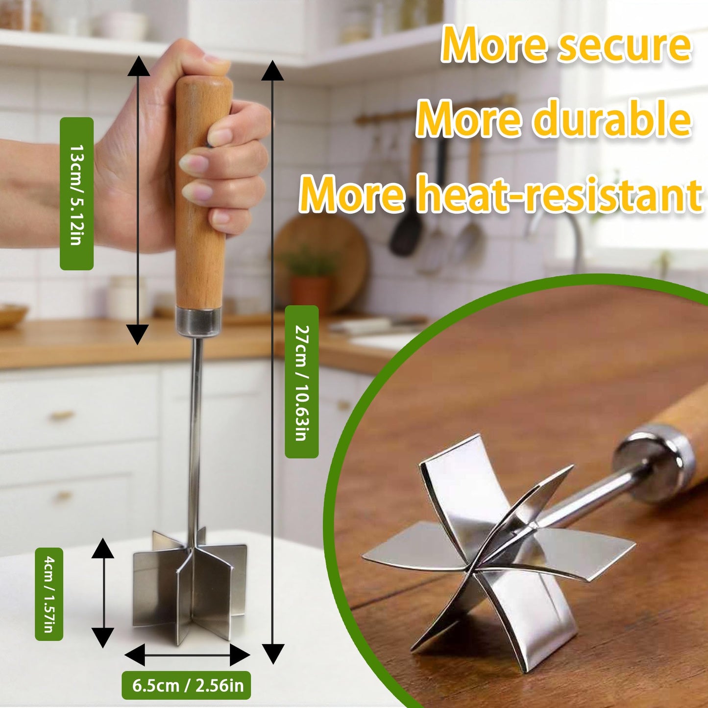 304 Stainless Steel Meat Chopper Meat Masher, 6 Curved Blades 10.5 Inch Ground Beef Chopper Tool, Hamburger Smasher, Potato Masher Durable Multi-Purpose Kitchen Tool