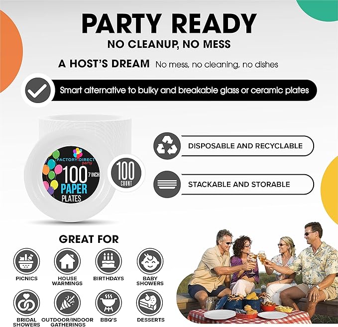Exquisite Party Solids White Paper Plates Disposable Heavy Duty 7 Inch White Disposable Plates For Party 100 Pcs Heavy Duty 350 GSM, Birthday Supplies