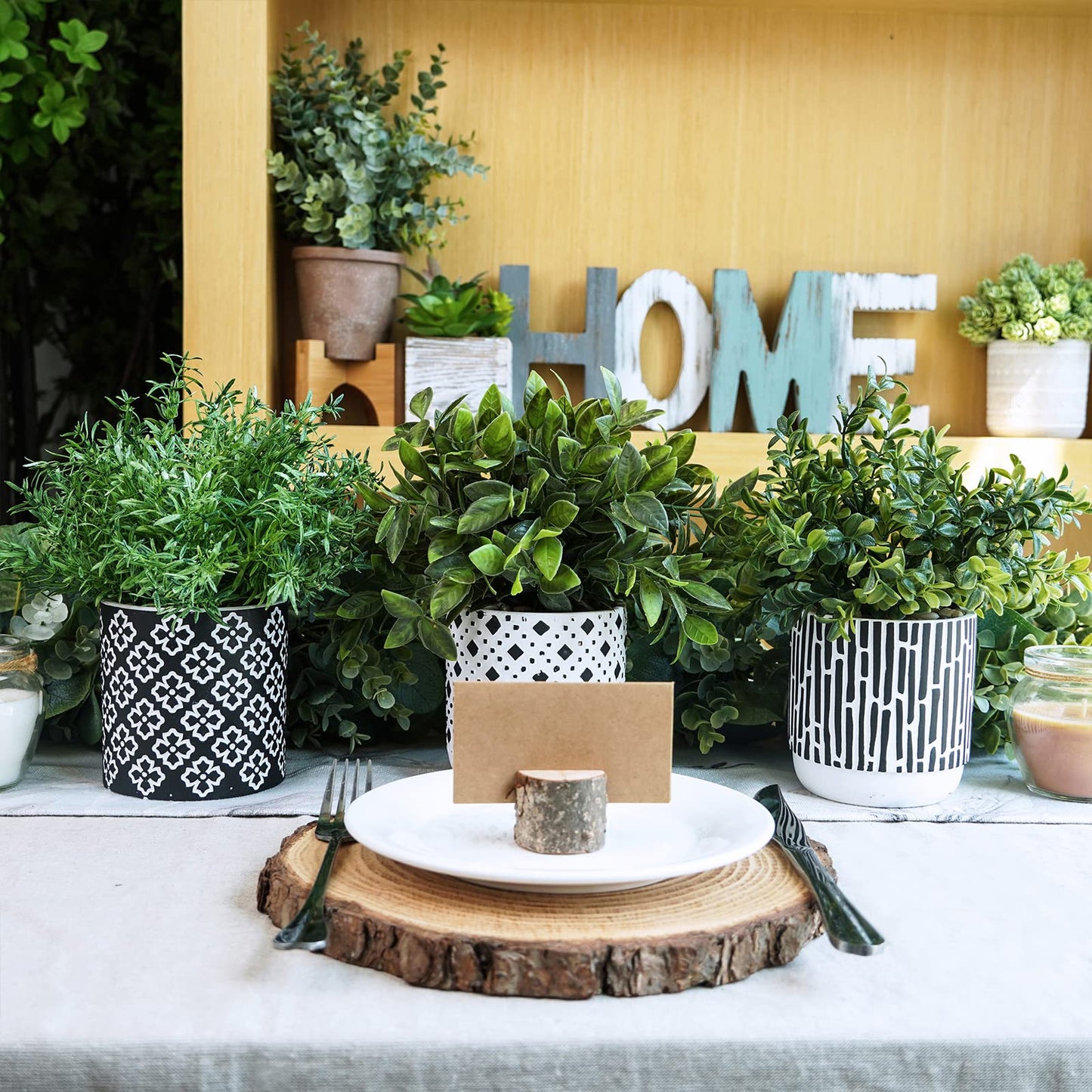 Winlyn 3-Pack Artificial Potted Plants - Faux Eucalyptus, Rosemary, Boxwood Greenery in Small Black & White Geometric Concrete Pots -Desk, Table, Shelf, Windowsill Decor for Indoor Outdoor Home Office