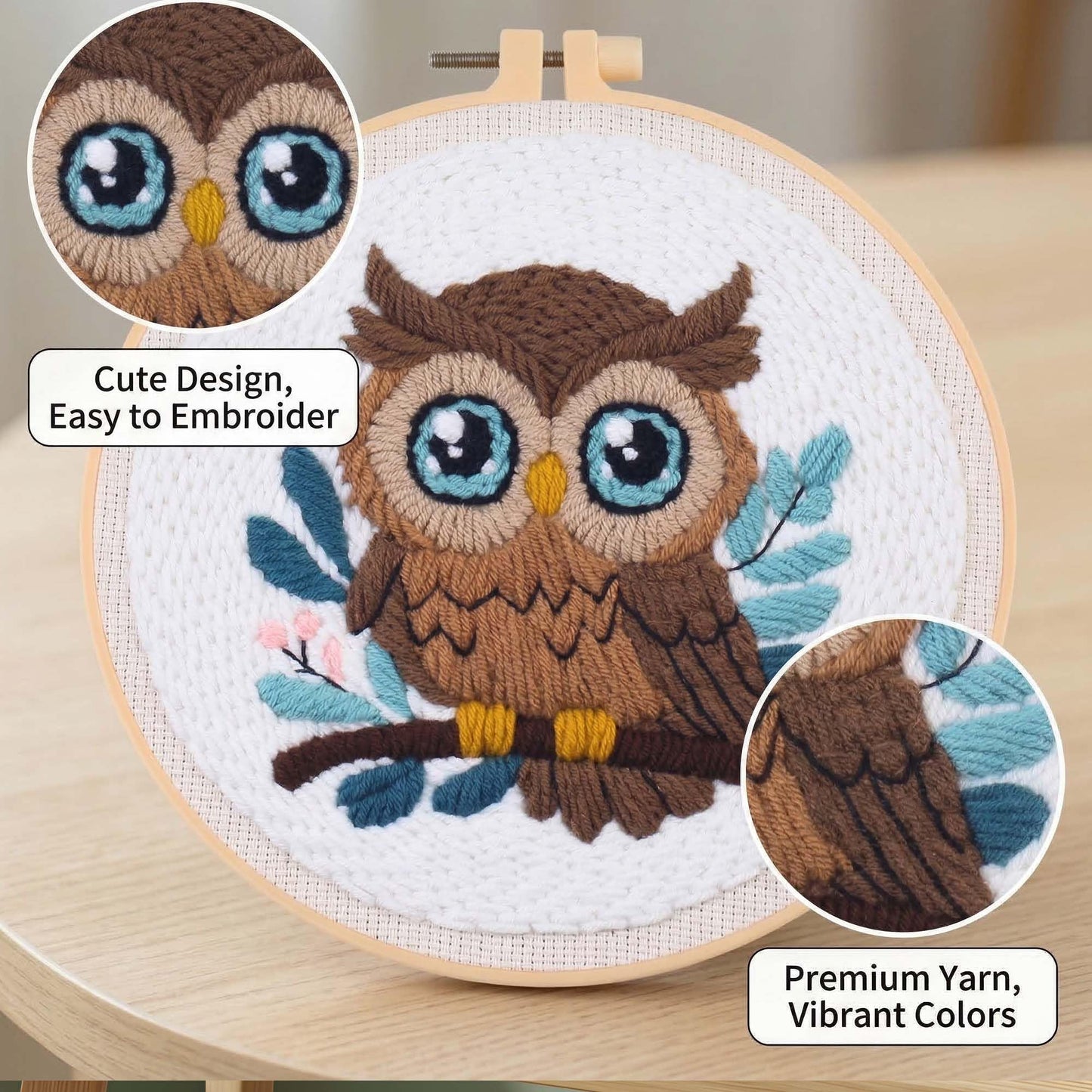 Harimau Punch Needle Kit Owl Pattern,1Pc Embroidery Hoop, Essential Punch Needle Supplies,Ideal Punch Art for Beginners,DIY Adults Embroidery, Video Teaching