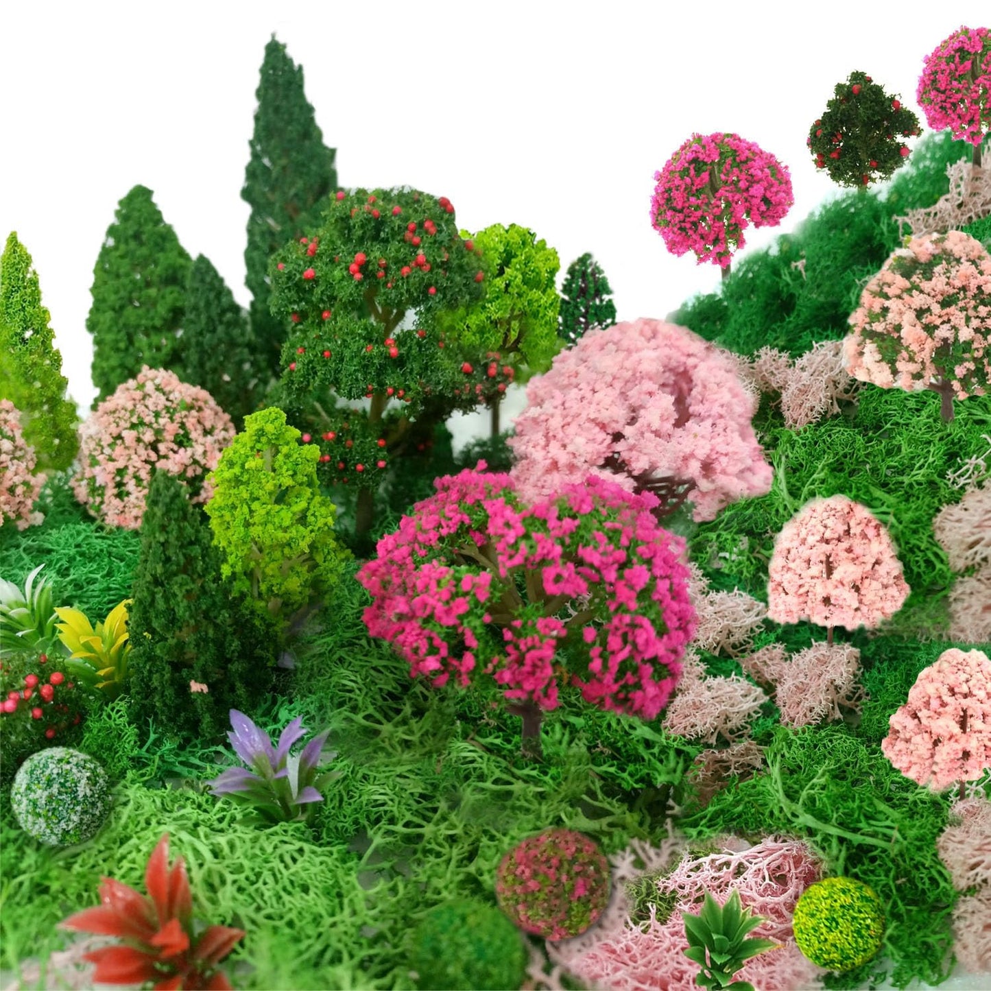 QuarenDen Mixed Model Trees, Model Train Scenery, 37Pcs, Miniature Trees with Moss for Building Model, Natural Green Landscape, Railroad Scenery