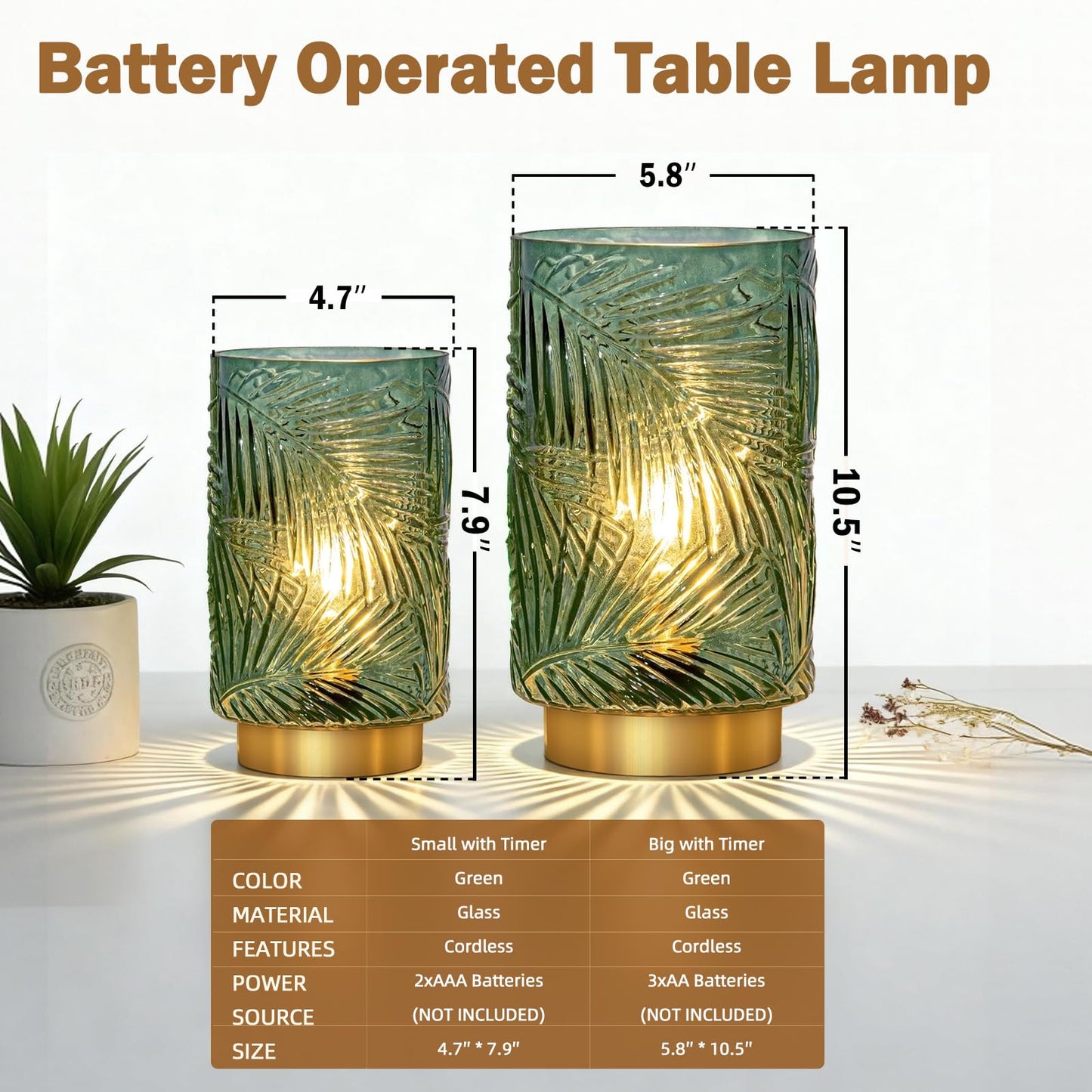 Battery Operated Table Lamp, Cordless Lamps for Home Décor, Nightlight with LED Bulb with Timer for Living Room Bedroom Tabletop Entryway Centerpiece Gift(S Green)
