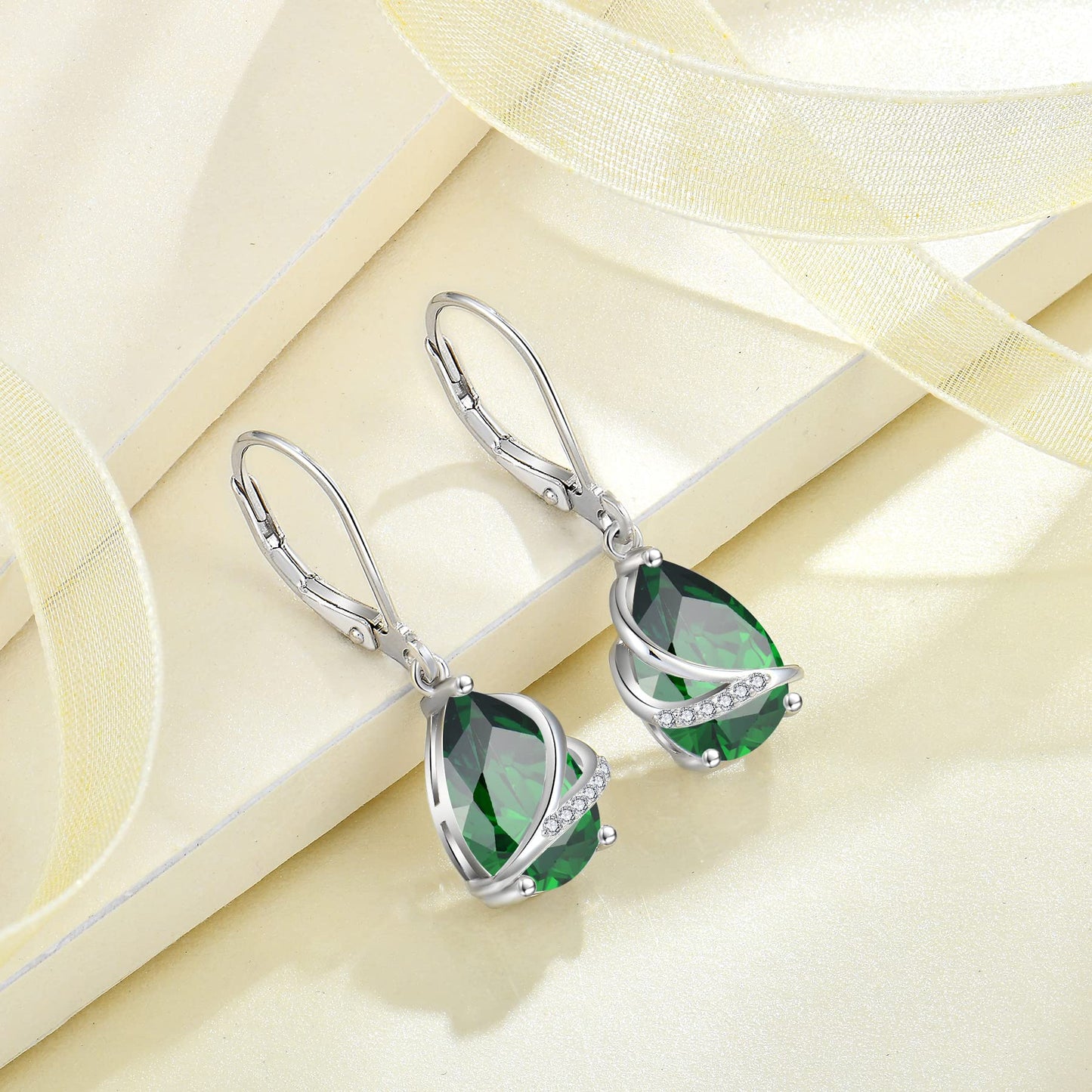 Rocayi Teardrop Emerald Earrings 925 Sterling Silver Dangle Drop Earrings May Birthstone Jewelry for Women