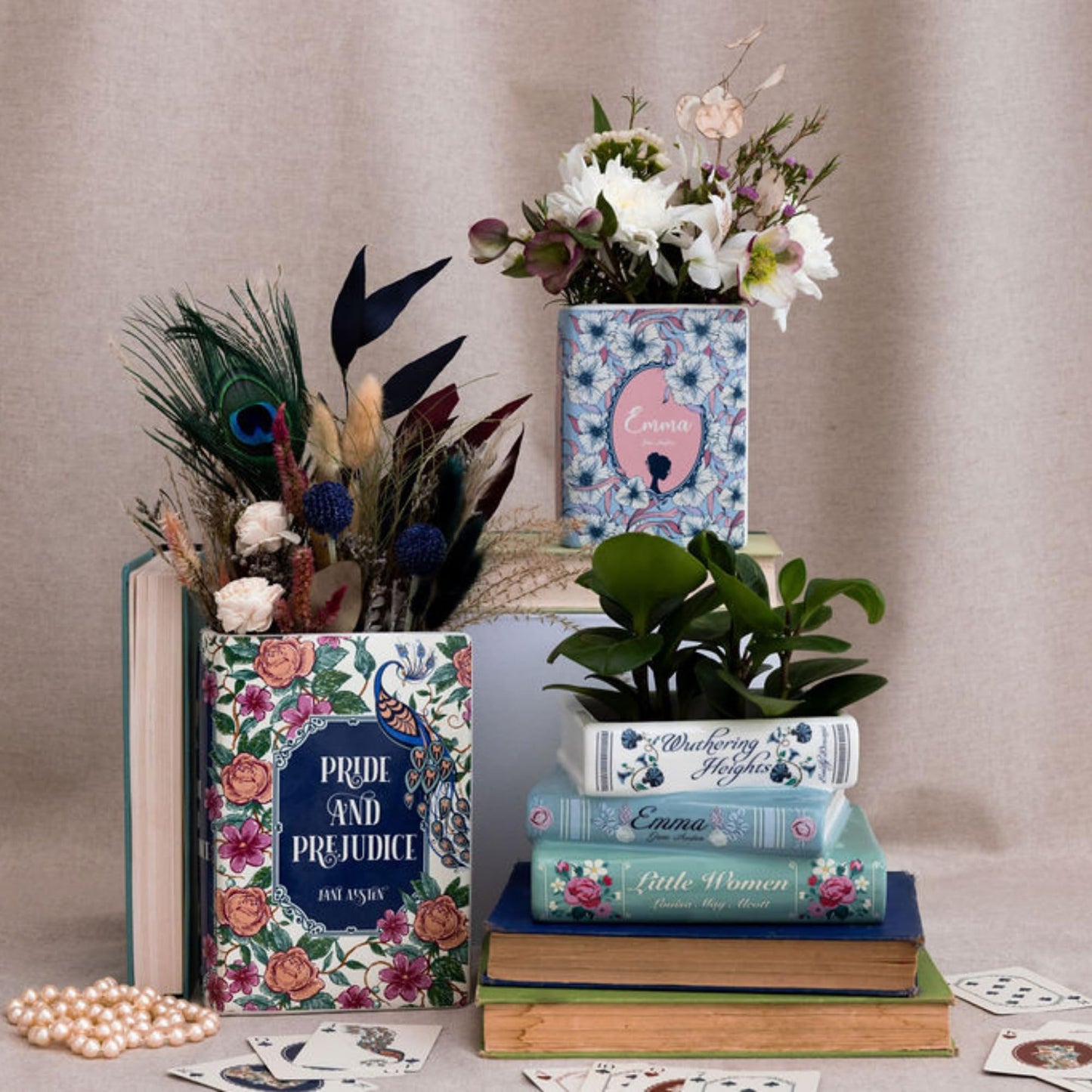 Steel Mill & Co Small Book-Shaped Decorative Ceramic Planter for Home Decor, Bookshelf, Classic Titles Bookstack, 5" x 7" x 3.75"