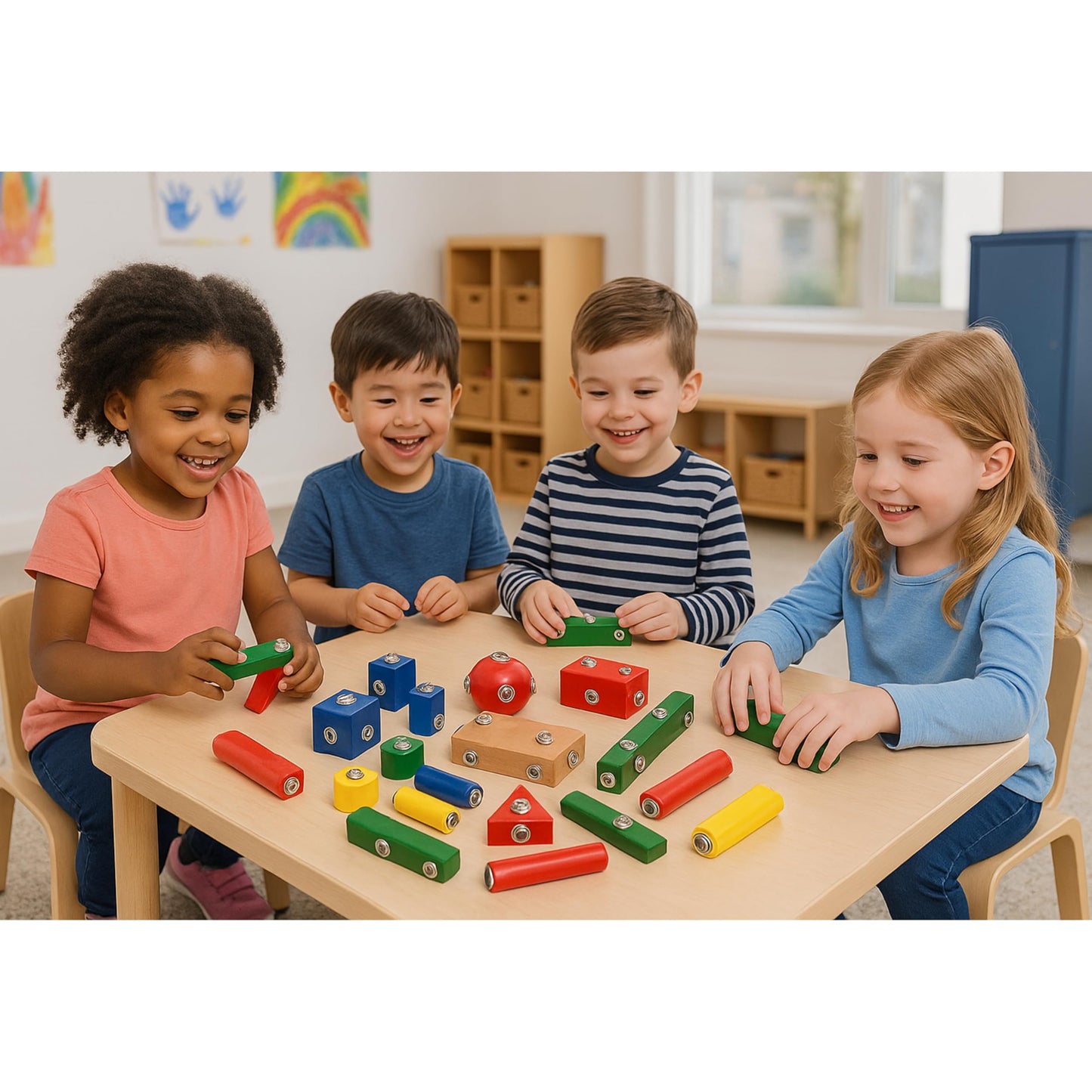 Constructive Playthings Children's Snap N Play Building Blocks for Toddlers 3-5 Years with Drawstring Bag for Block Storage, STEM Toys, Durable Hardwood Manipulatives, Multicolor, 65 pcs.