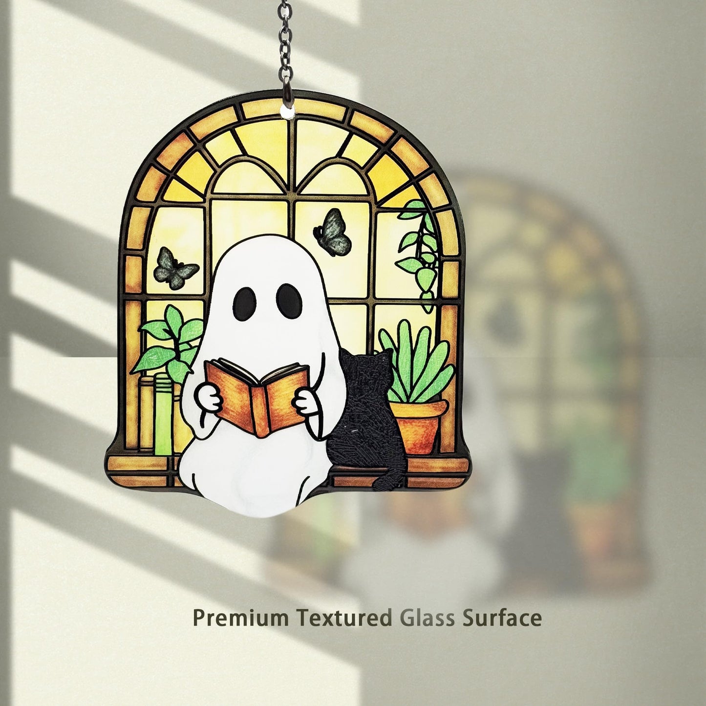 Ghost Black Cat Suncatcher, Ghost Reading Book Christmas Giifts for Women, Cat Lover Gifts