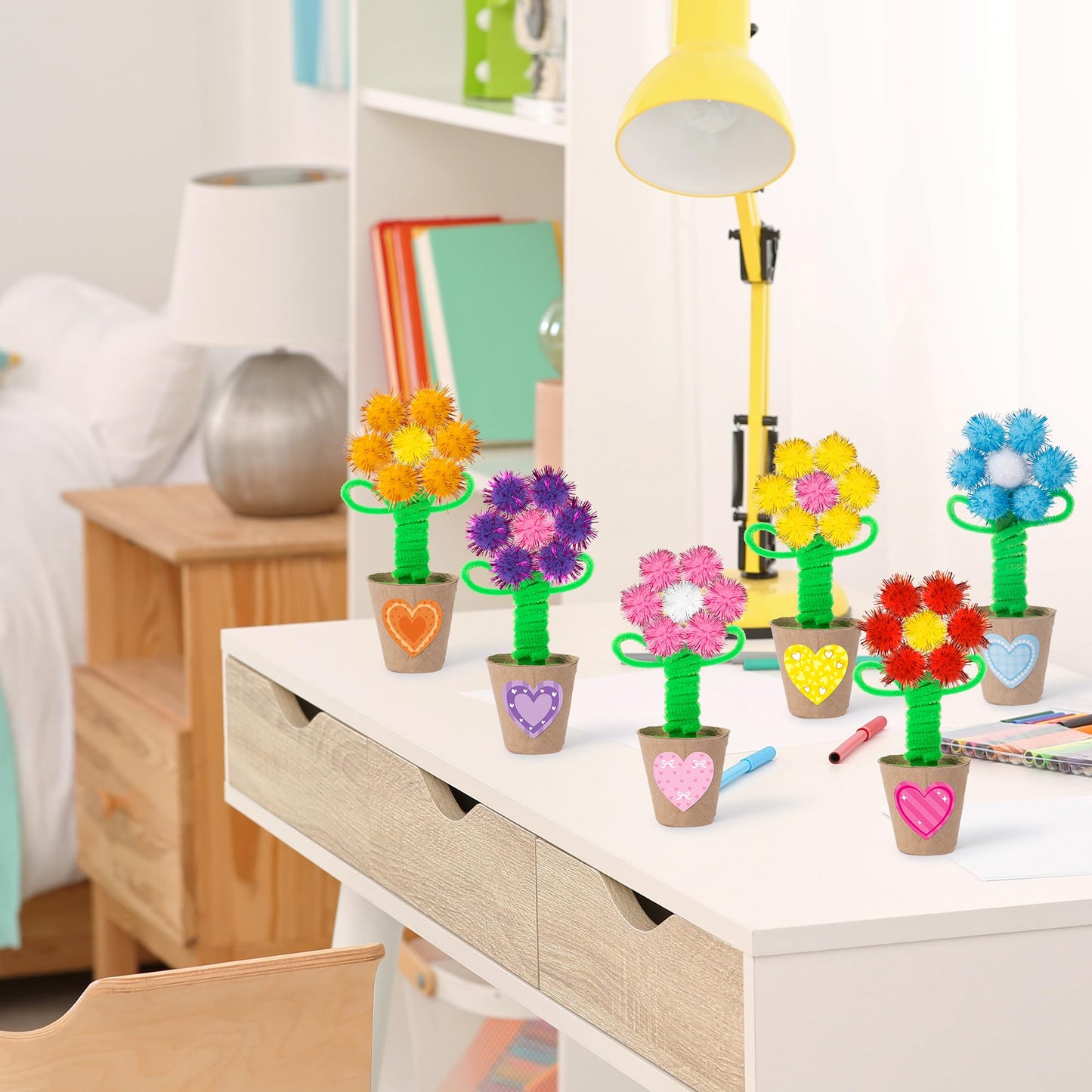 WATINC Mother’s Day Flower Paper Pot Craft Kits - 36 Pack Springtime Pom Pom Flower Decorations, Make Your Standing Glitter Gift Crafts, Fun DIY Decor Home School Classroom Art Activities