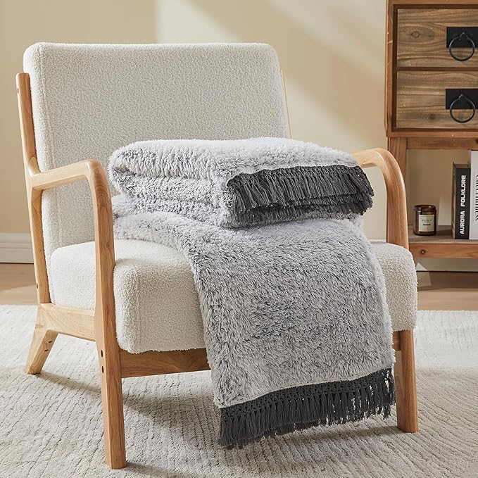EMME Fuzzy Blanket Soft Fleece Throw Blankets for Women, Fluffy Sherpa Throws(Tassel Grey,108"x90")