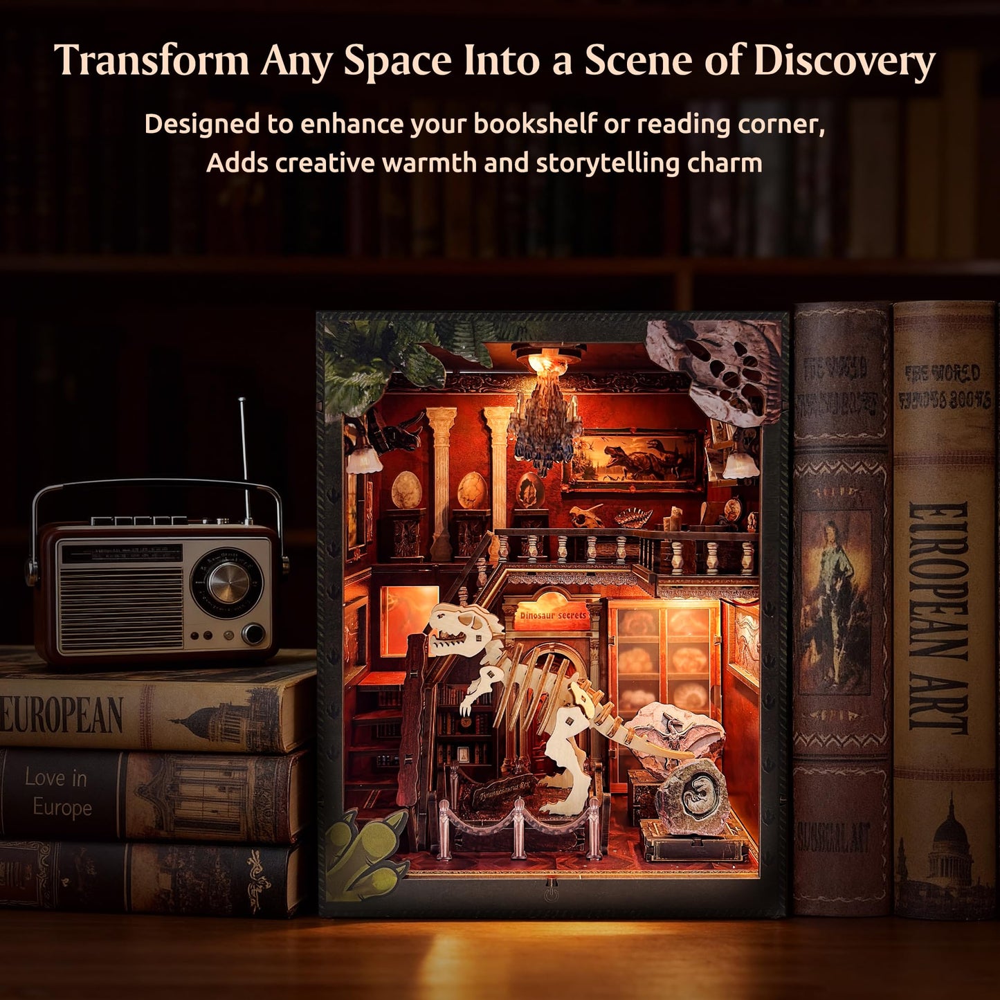 Soothee DIY Book Nook Kit with LED Lights | 3D Puzzles for Adults & Teens, Miniatures and Model Building Kits for Bookshelf Decor, Relaxing & Unique Gift for Craft Lovers | Dinosaur Museum