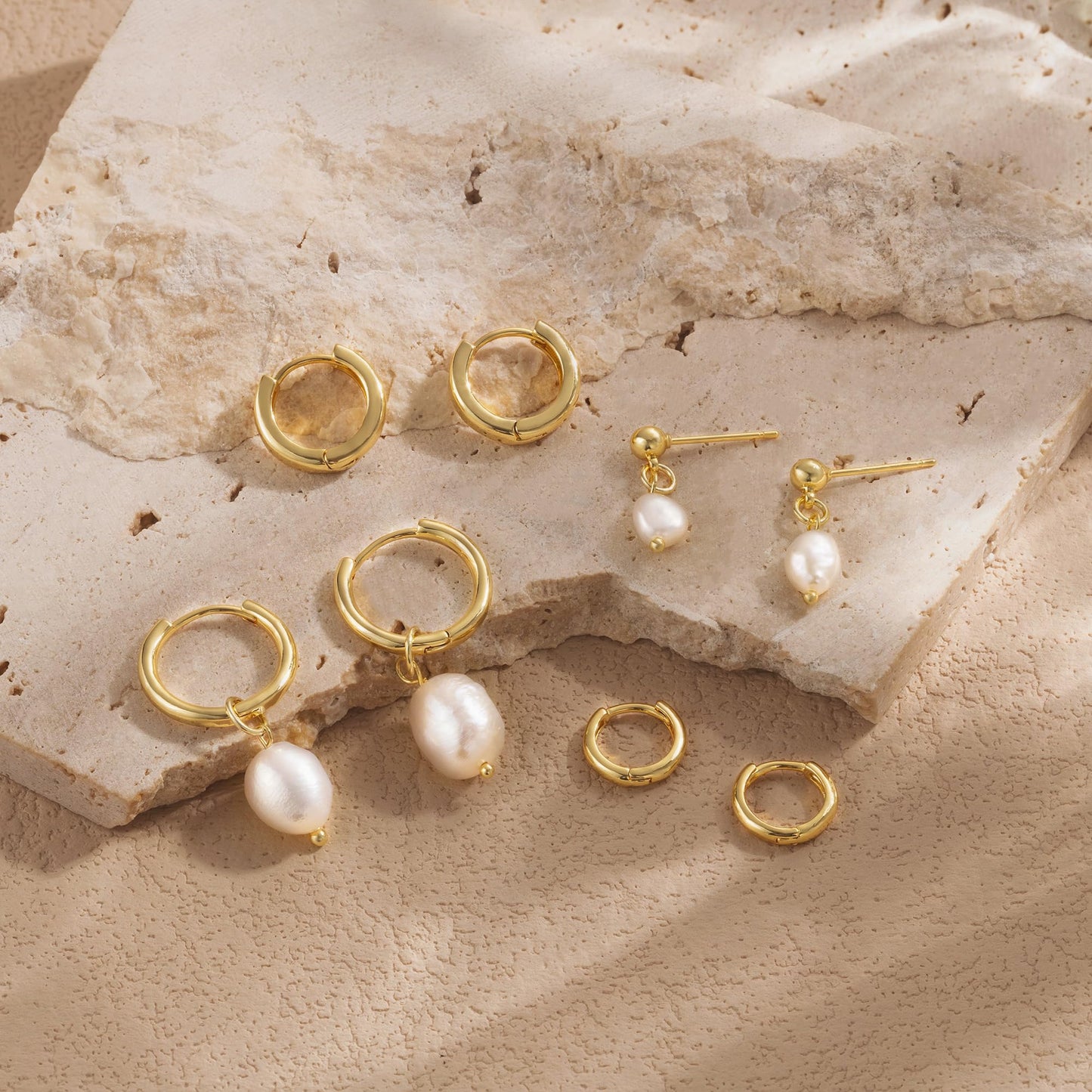 Moodear Trendy Pearl Drop Hoop Earrings for Women - Dainty 14K Gold Plated Small Dangle Baroque Pearls Stud Hoops Hypoallergenic Earring Sets for Multiple Piercing