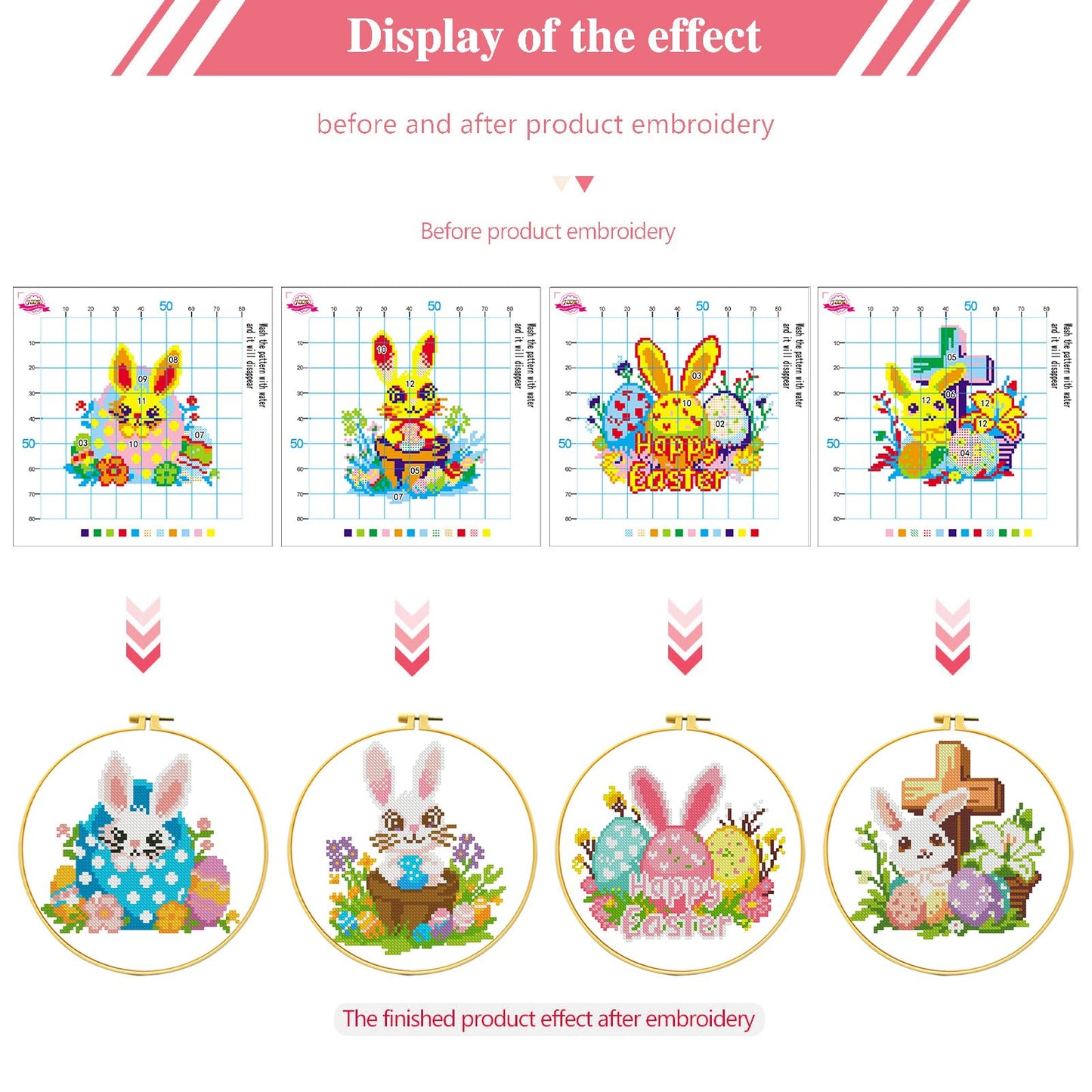 Zhenging Easter Cross Stitch Kit with 4 Bunny & EggPatterns -9.45x9.45 Inch Hoop, Pre-Printed Fabric,Threads, Tools -DlY Easter Craft Gift for Adults, HomeDecor