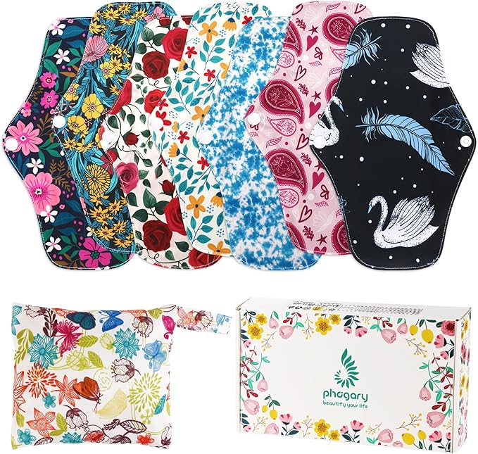 Reusable Menstrual Pads, Bamboo Cloth Pads for Heavy Flow with Wet Bag, Large Sanitary Pad Set with Wings for Women, Washable Overnight Cloth Panty Liners Period Pad (7 in 1, 25.4cm 4 Layers)