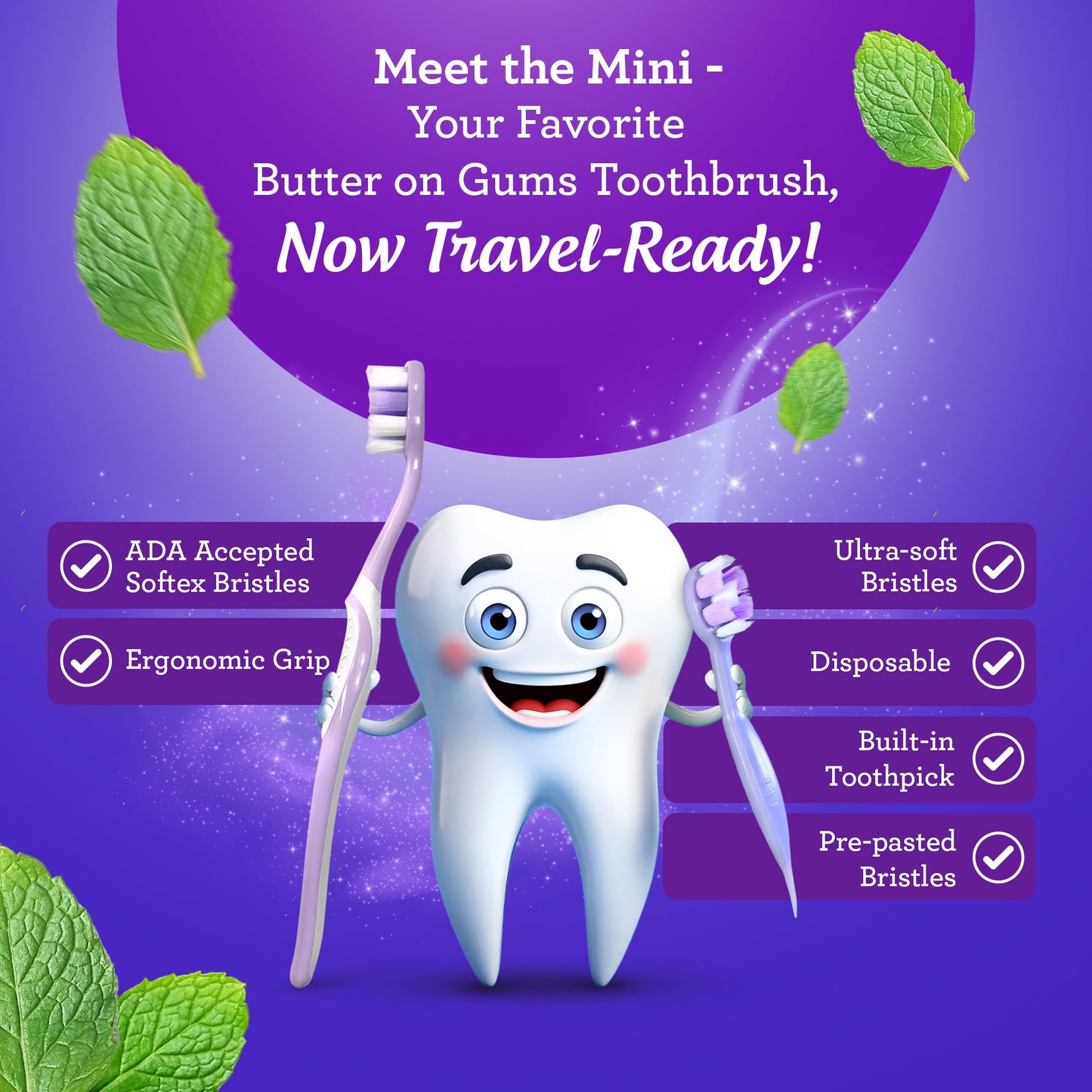 GuruNanda Ready-to-Go Disposable Mini Travel Toothbrush - Butter on Gums Softex Bristles, Prepasted Toothbrush & Toothpick - Fluoride-Free, No Rinsing Needed, Individually Wrapped, 70 Ct