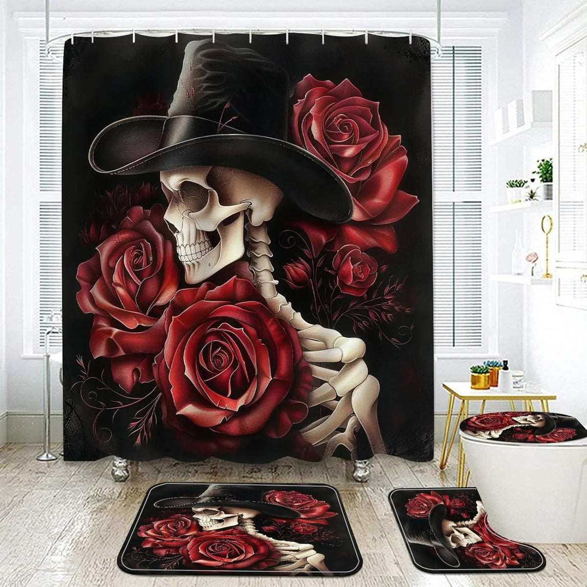 NEWSUYAA Halloween Decorations Shower Curtain Set with Non-Slip Rugs and Bath Mats,Black Skull Skeleton Bathtub Curtains with 12 Hooks,All Saints'Day (Nov 1st) Bathroom Decor