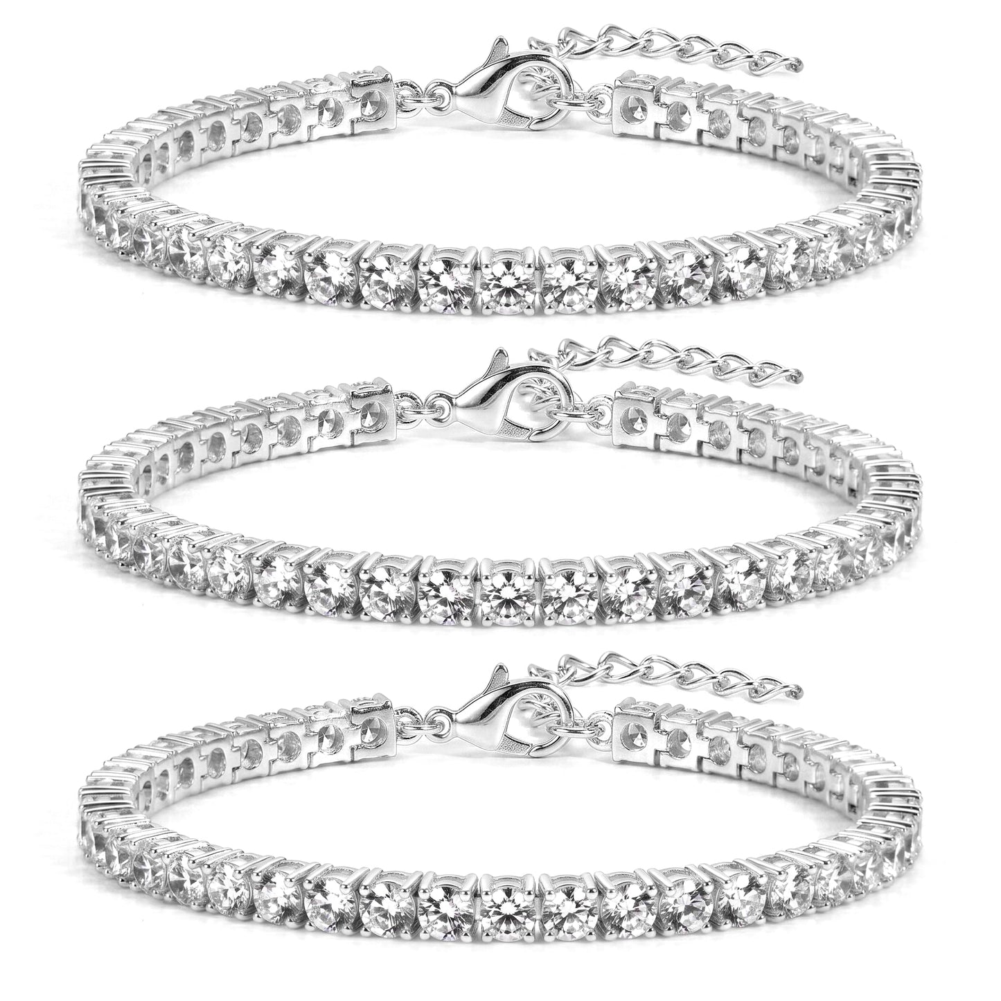 Chunky 4mm Silver Tennis Bracelet Set for Women, Sterling Silver Plated Triple Stackable Large Zirconia Bracelets, Bold Statement Jewelry, 3-Piece Heavy-Shine Link Set, Y2K Fashion Accessory