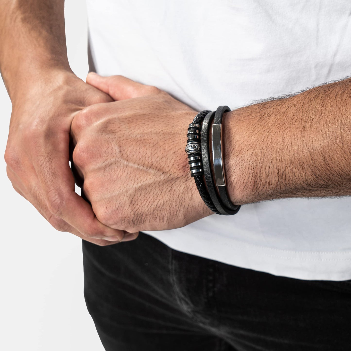 SERASAR Mens Silver Bracelets 17cm Bracelet Men Gift Box Genuine Leather Cowhide Braided Magnetic Clasp Multi Layer Wrap Rope Man Mans Male Band Jewelry Magnet Accessories