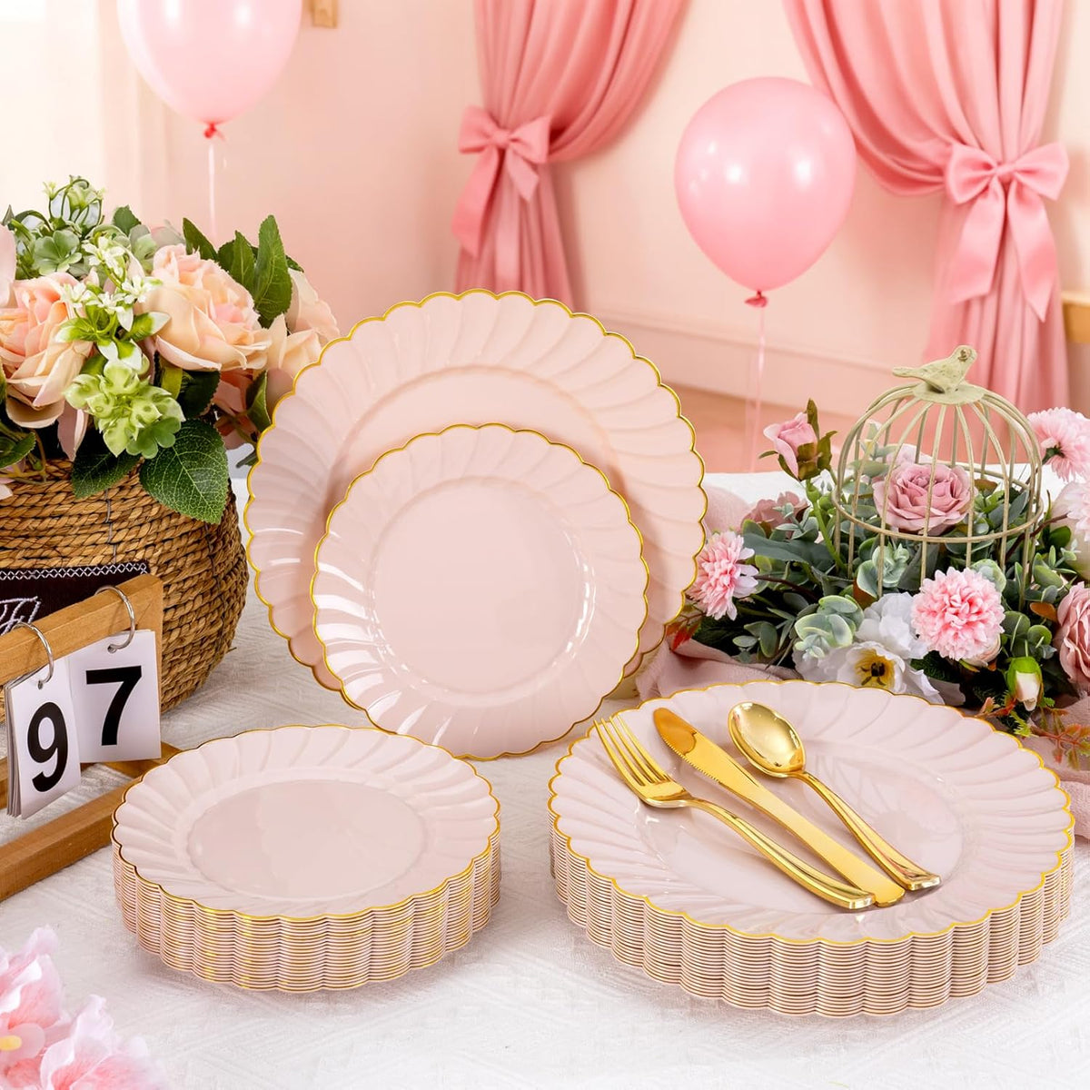 YOUBET 60PCS Pink Scalloped Plastic Plates - Hard Pink and Gold Fancy Disposable Plates include 30 Gold Dinner Plate, 30 Dessert Plate for Party & Wedding & Baby Shower