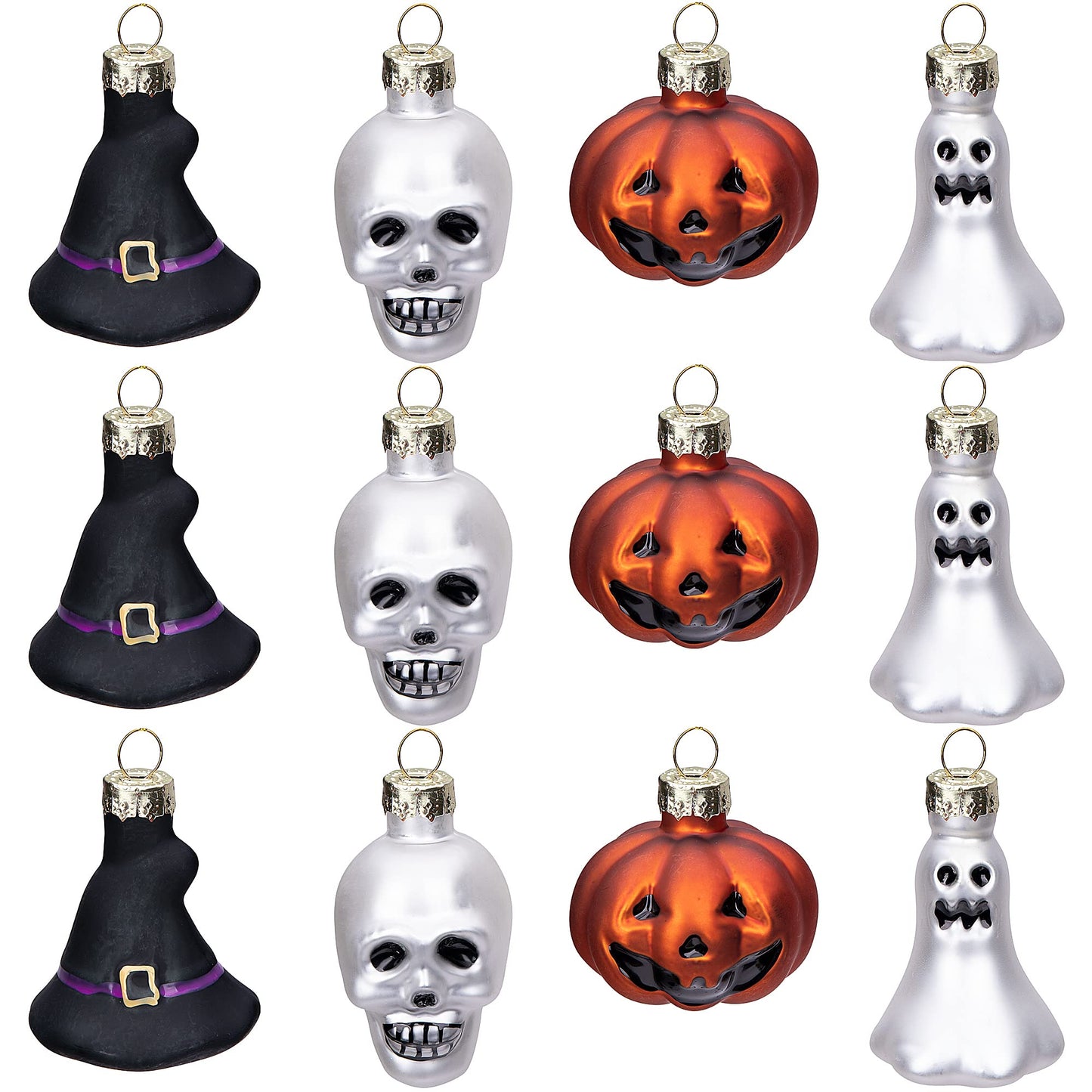 Watayo 12 PCS Halloween Glass Ornaments, Halloween Decorations Glass Blown Ornaments with Pumpkin Ghost Skull Witch Hat for Haunted House Party Christmas Tree Home Decoration