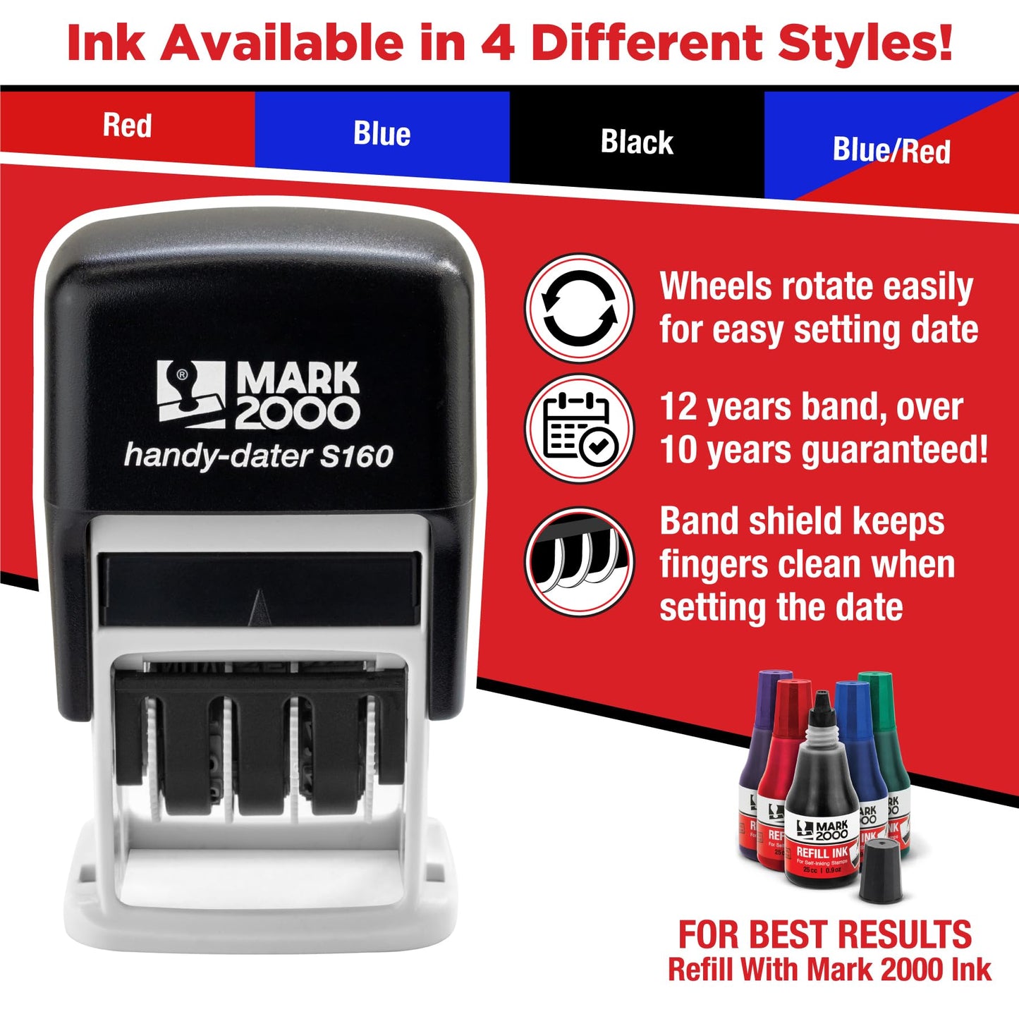 Mark 2000 Self-Inking Rubber Date Office Stamp with Completed Phrase & Date - Red Ink (Handy-Dater S160), 12-Year Band