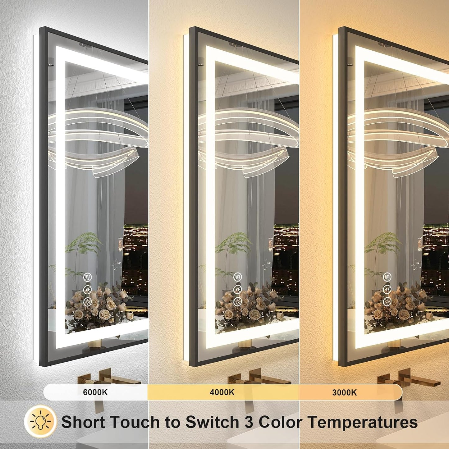 OKPAL 66x40 LED Bathroom Mirror with Lights, Frontlit & Backlit Lighted Bathroom Mirror, Black Lighted Vanity Mirror, Anti-Fog, Dimmable 3 Colors, Shatterproof, Horizontal/Vertical