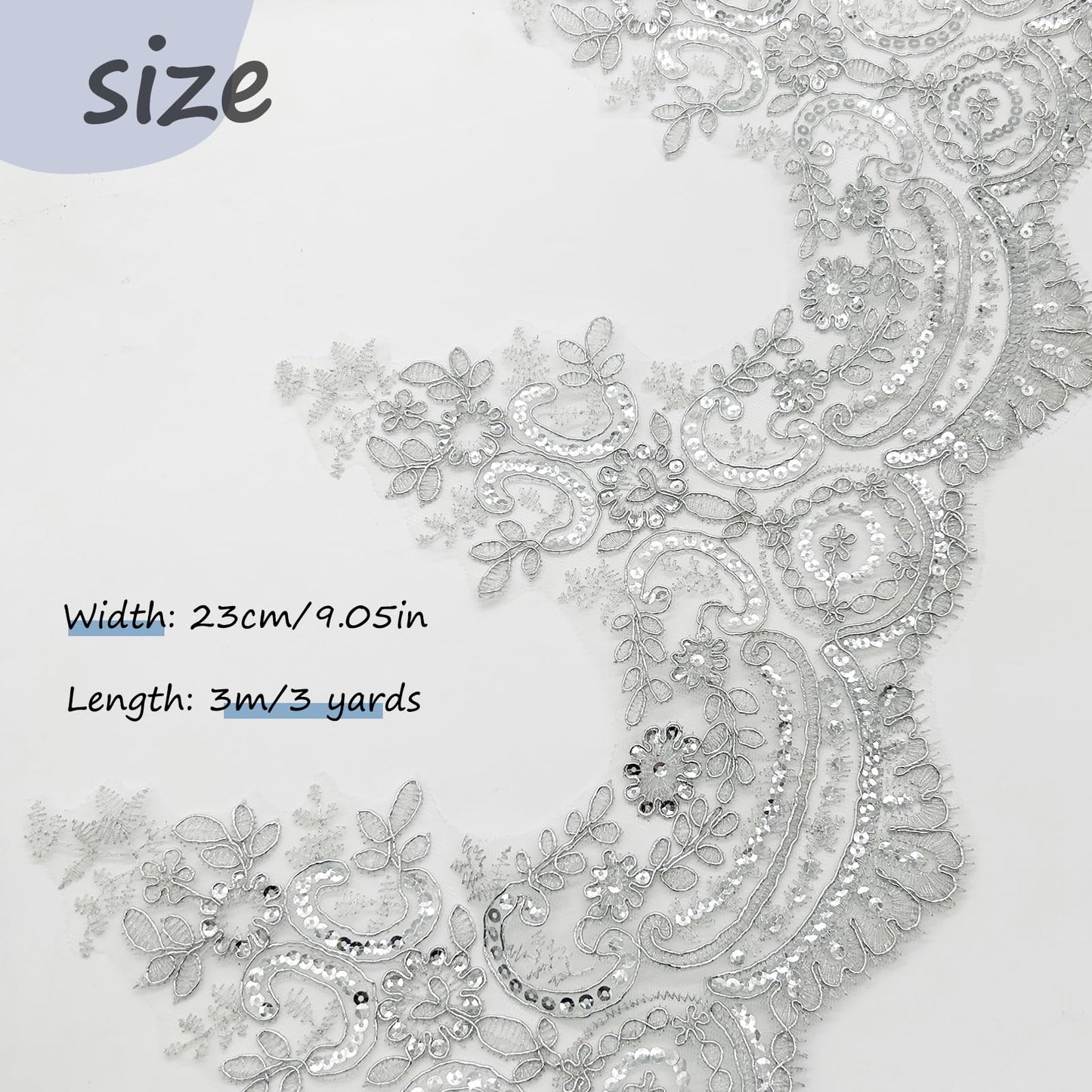 3 Yards 9 Inches Width Silver Beaded Lace Trim, Sequin Flower Embroidery Ribbon, Sequins Mesh Trim, Edging for Sewing Craft Supplies Fabric Bridal Wedding