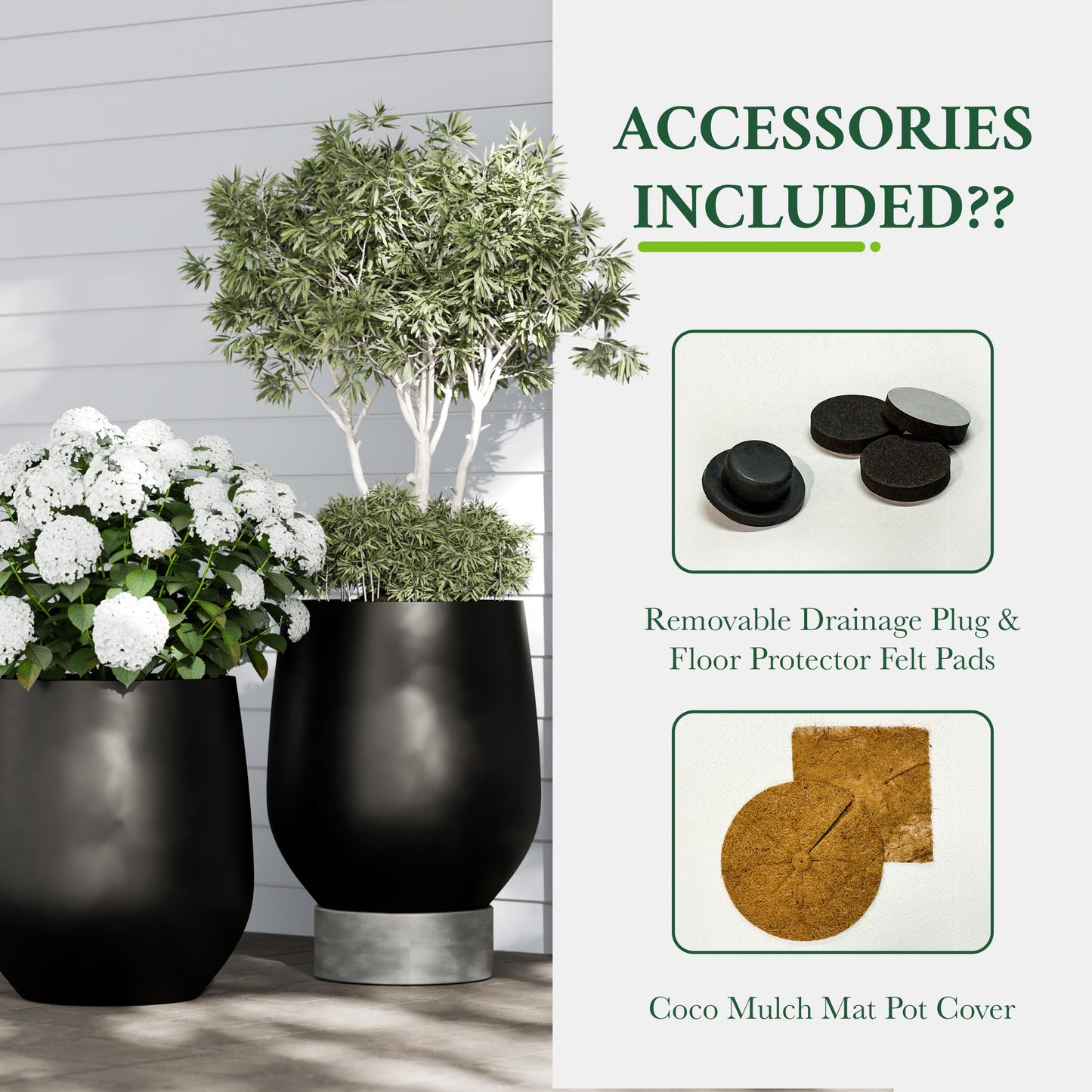 DTY Premium Mt Wilson Tall Tapered Fiberstone Planter for Indoor Outdoor Use, Modern Large Olive Tree Pot with Drainage Hole, Includes 2 Coco Mats. Black, Large 20.1'' D x 21.9'' H. 15.4” Pot Opening