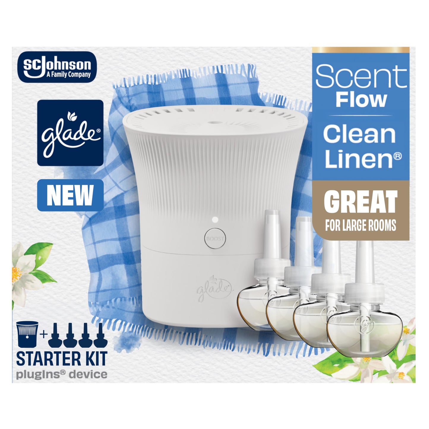 Glade Scent Flow PlugIns Air Freshener, Clean Linen, 1 Device + 4 Refills, 2.61 fl oz