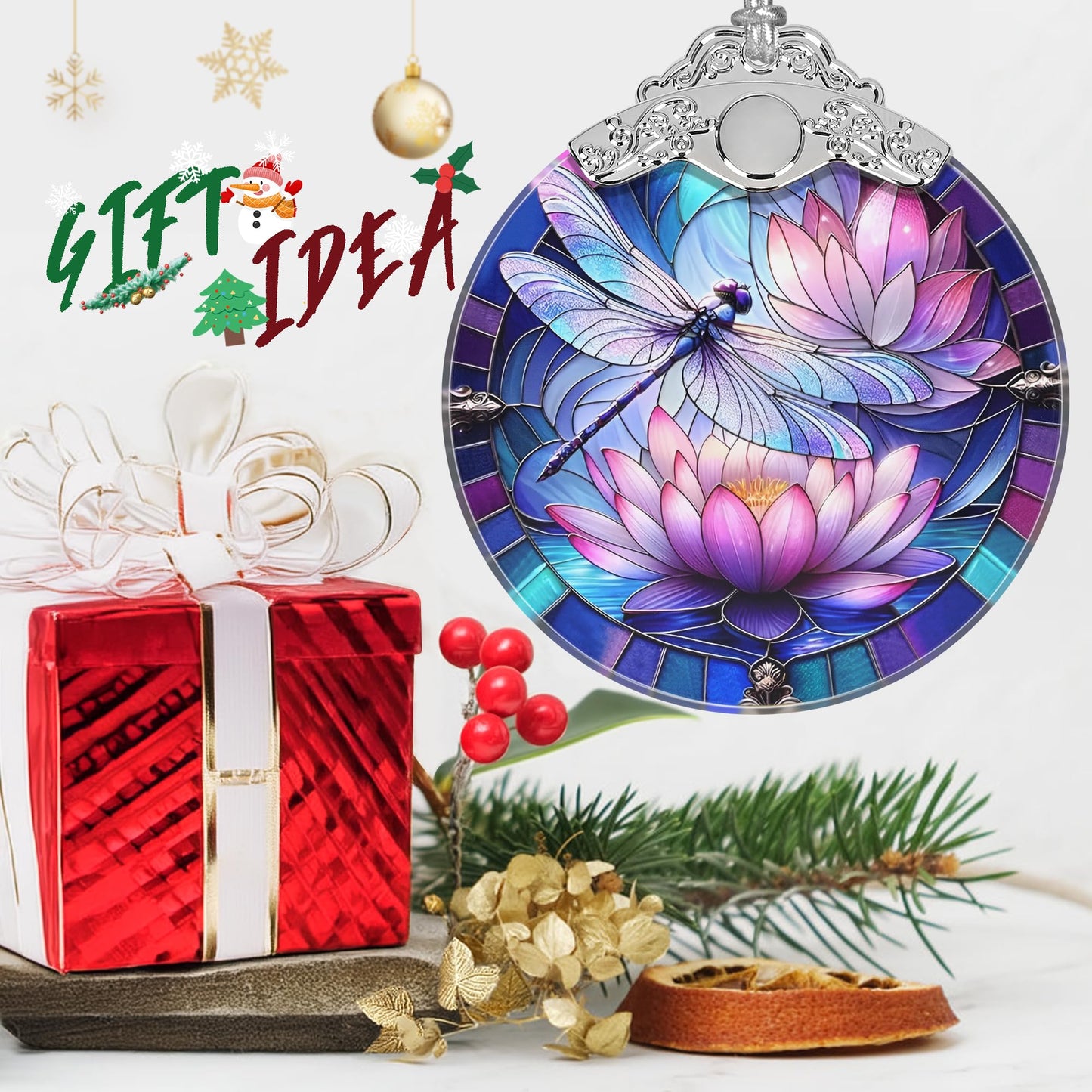 Stained Glass Dragonfly on Lotus Flower Ornament - Christmas Tree Decor Idea