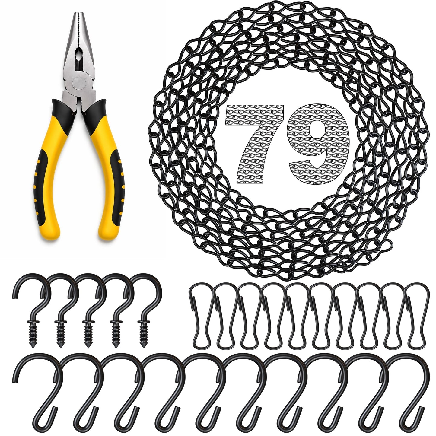 Layboks 79 Inch Black Hanging Baskets Chains - Adjustable Length, Small Hanging Chain with A Great Assortment of Hooks and Pliers for Hanging Bird Feeders,Planters, Billboards,DIY