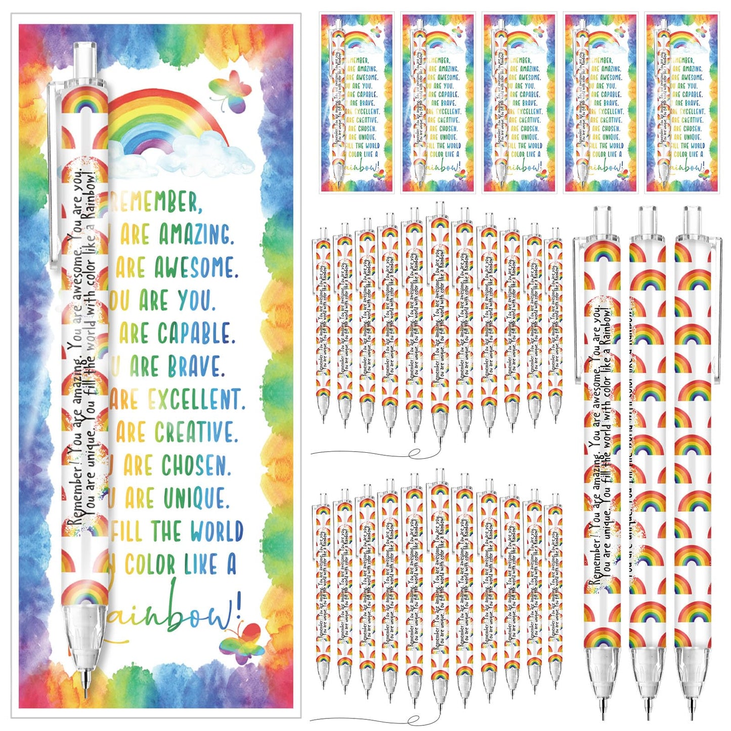 AmazingSpark 50 Set Inspirational 0.7 mm Rainbow Retractable Pencil Gifts for Students from Teacher Encouragement Affirmation Bookmark Cards Opp Bag Valentines Classroom Prize Awards for School