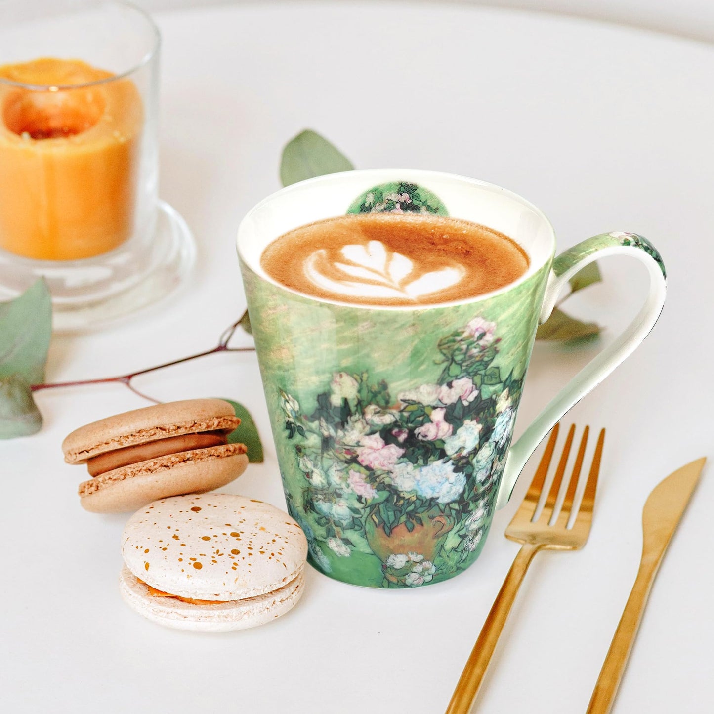 AOTELIDA Coffee Mug Sets of 4, 12oz Bone China Porcelain Cups with Art Print Large Handle Dishwasher Microwave safe for Tea Cocoa or Hot Chocolate