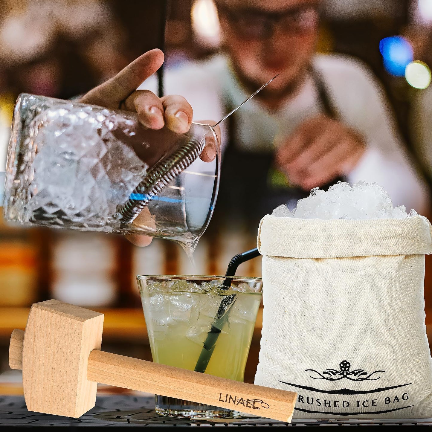 Lewis Ice Bag and Mallet for Crushed Ice, Canvas Bag & Wooden Mallet Bar Tools Bartender Kit, Ice Crushers for Home Use