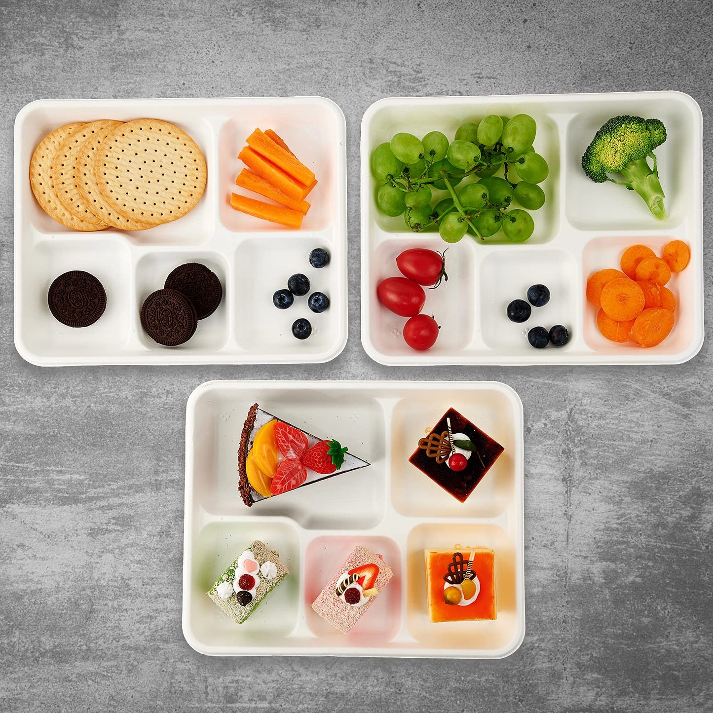 Vplus 100% Compostable Small 5 Compartment Plates 125 Pack 10.25 x 8.25 inch Disposable Sugarcane Bagasse Tray Perfect for Boys and Girls