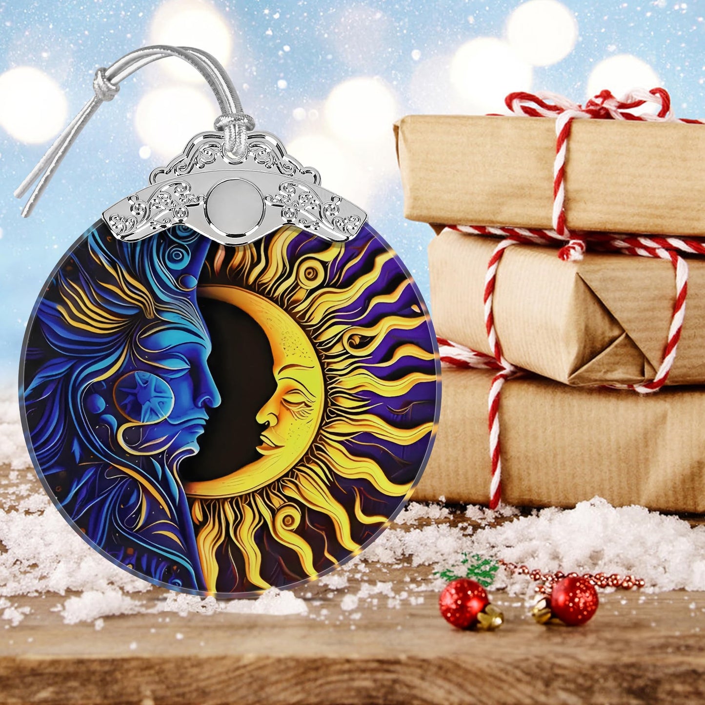 Sun Moon Christmas Ornament - Stained Glass Hanging Decoration for Holiday Tree, Home Decor, Gift Exchange Idea - Sun and Moon Last Forever