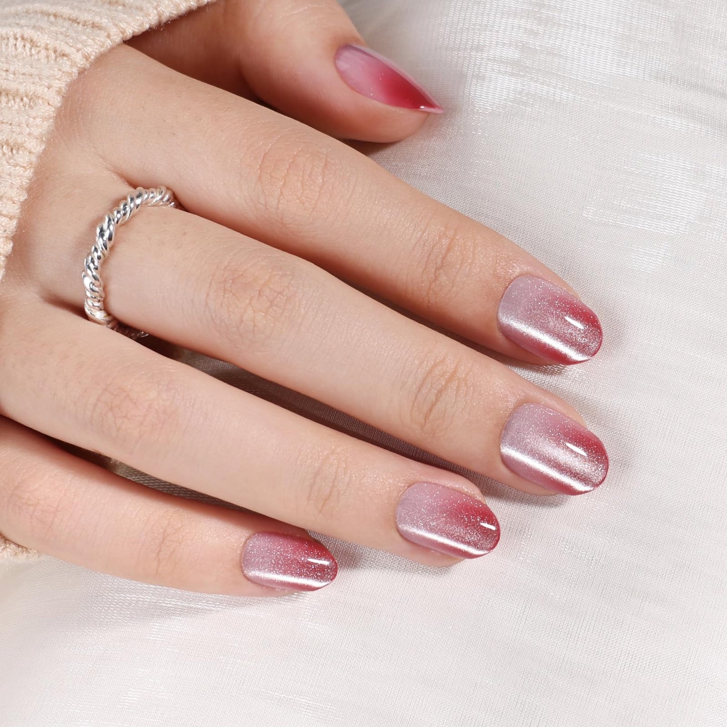 Light Berry Pink Cat Eye Press On Nails - Short Oval Ombre Cat Eye Fake Nails with Shimmer, Reusable Nails Press Ons for Women 32 Pieces 16 Sizes
