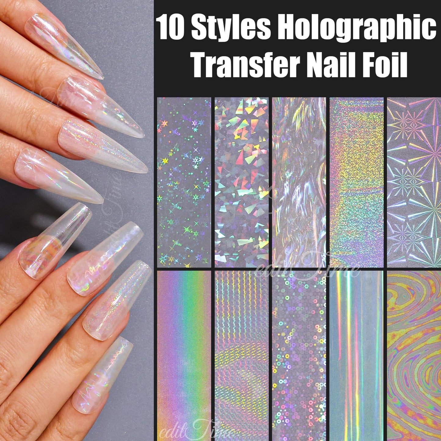 10 Rolls Aurora Nail Foil Clear Laser Glass Fragment Nail Transfer Nails Art Holographic Nails Foils Design Stickers Decals Design for Nails Manicure DIY Nails Decoration (10 Rolls Aurora-3)
