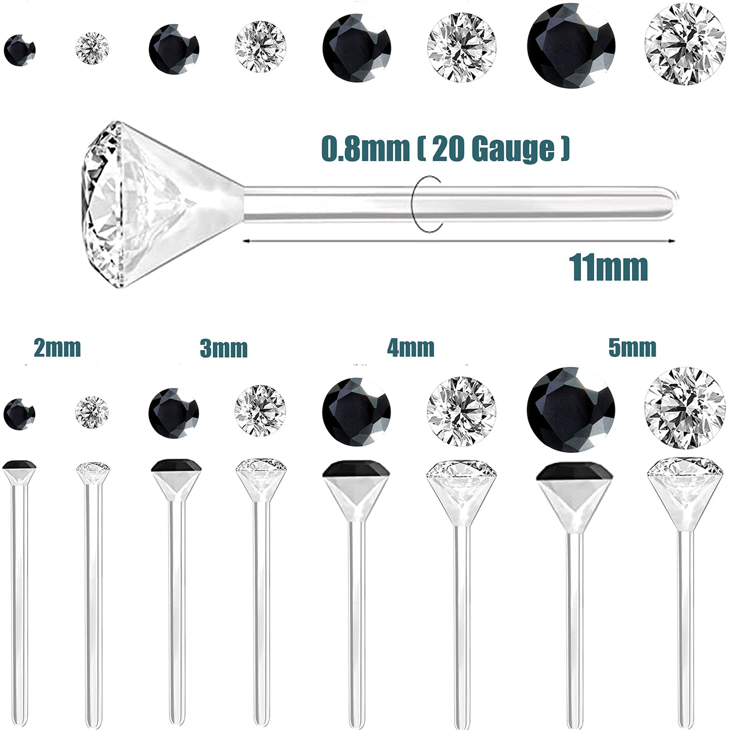 OwlkOrmy 8 Pairs Anti Allergy Plastic Earrings for Sensitive Ears & Include 8 Pairs Silicone Soft earring backs, Birthstone Cubic Zirconia Stud Earrings Kit 2mm 3mm 4mm 5mm in one Set (Black)