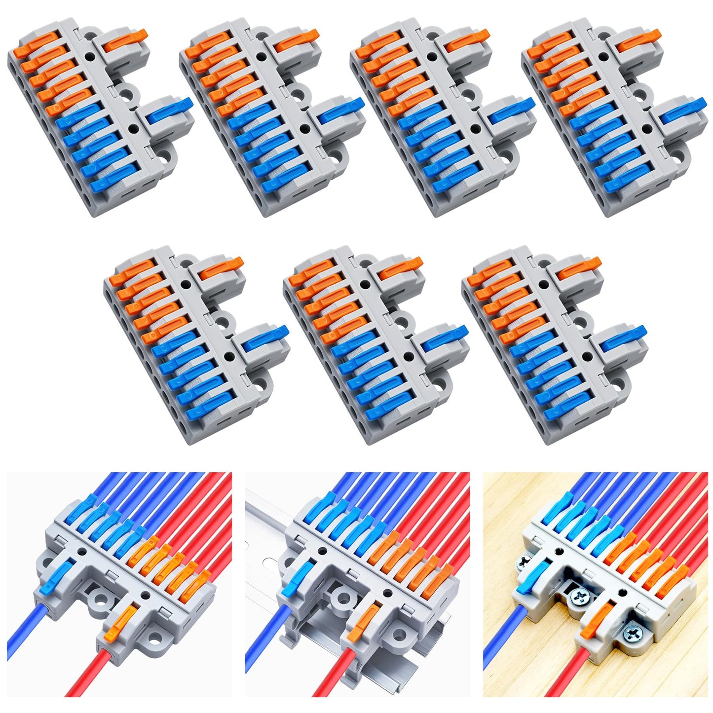 CESFONJER 2-in-10-out Terminal Block Kit (7 Pack), Lever Wire Connectors for Extensive Splicing, Dual Input to Ten Output, DIN Rail & Screw Mount, 28-12AWG, Hardware Included