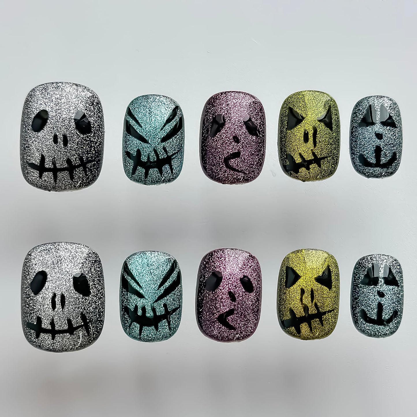Halloween Press on Nails Short Square Handmade Nails 3D Unique Reusable ABS Material Fake Nails Cute False Nails with Designs Glitter Sparkly Glossy Glue on Nail Thick Acrylic Nail(M)